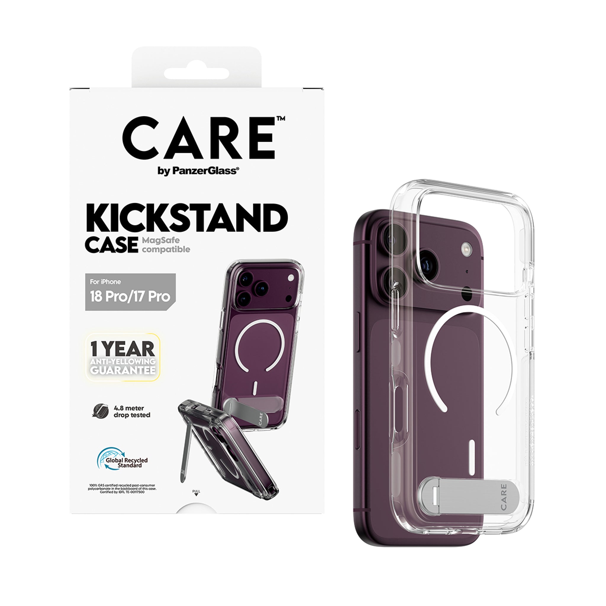 CARE™ by PanzerGlass® Kickstand Case Transparent w. White MagSafe iPhone 18 Pro | 17 Pro