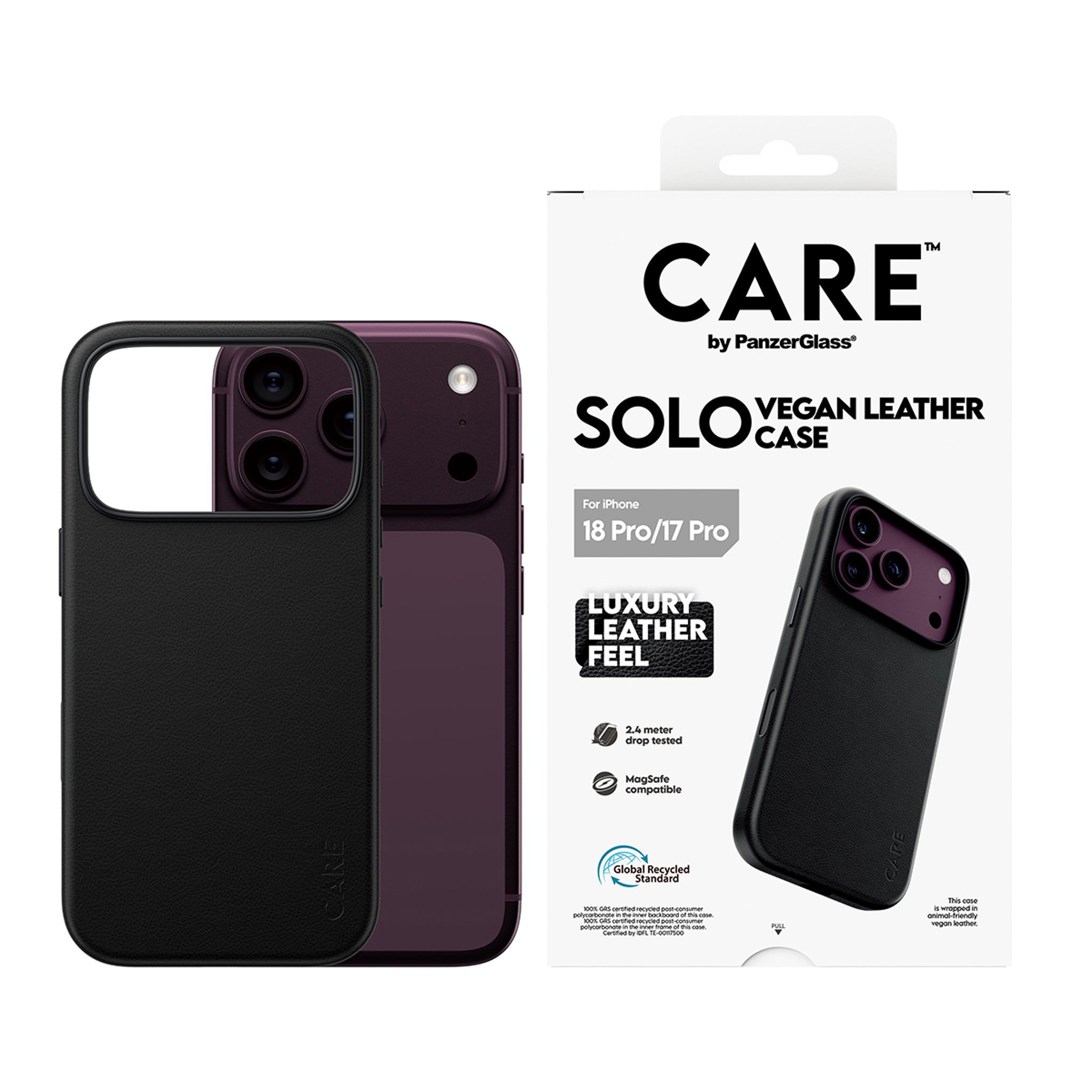 CARE™ by PanzerGlass® Solo Vegan Leather Case Black w. MagSafe iPhone 18 Pro | 17 Pro