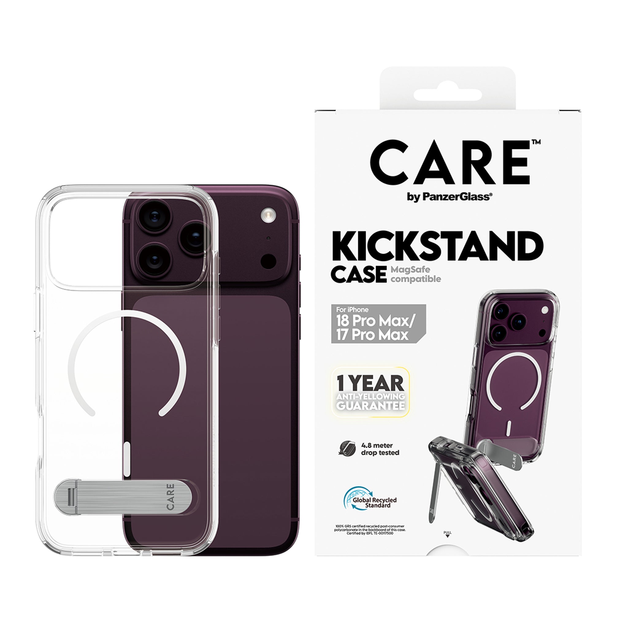 CARE™ by PanzerGlass® Kickstand Case Transparent w. White MagSafe iPhone 18 Pro Max | 17 Pro Max