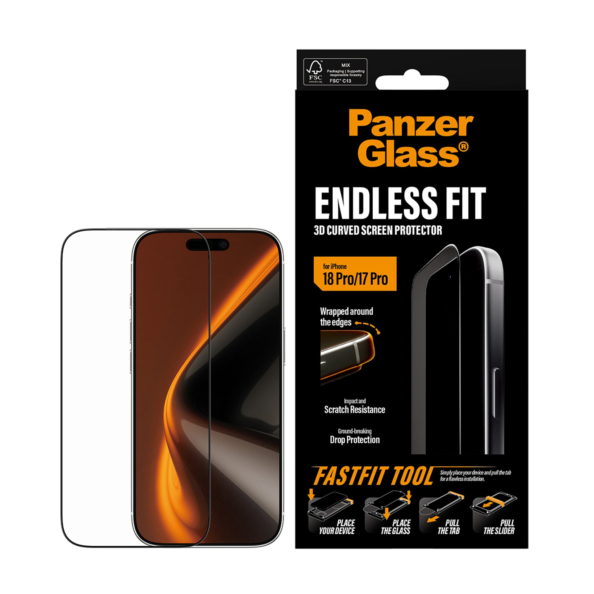PanzerGlass® Endless Fit 3D Curve Screen Protector iPhone 18 Pro | 17 Pro w. FastFit Tool