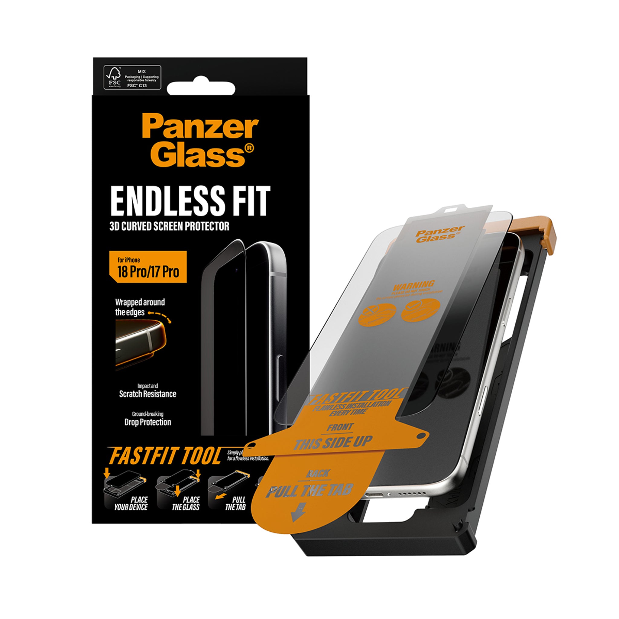 PanzerGlass® Endless Fit 3D Curve Screen Protector iPhone 18 Pro | 17 Pro w. FastFit Tool