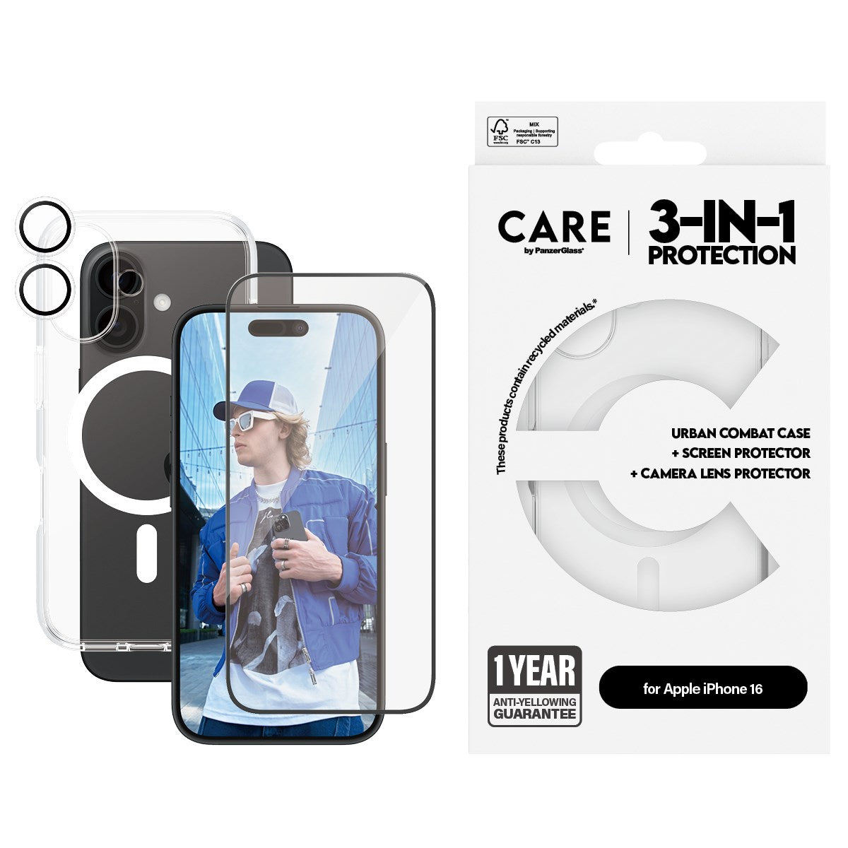 CARE by PanzerGlass® Flagship 3-in-1 Bundle iPhone 16