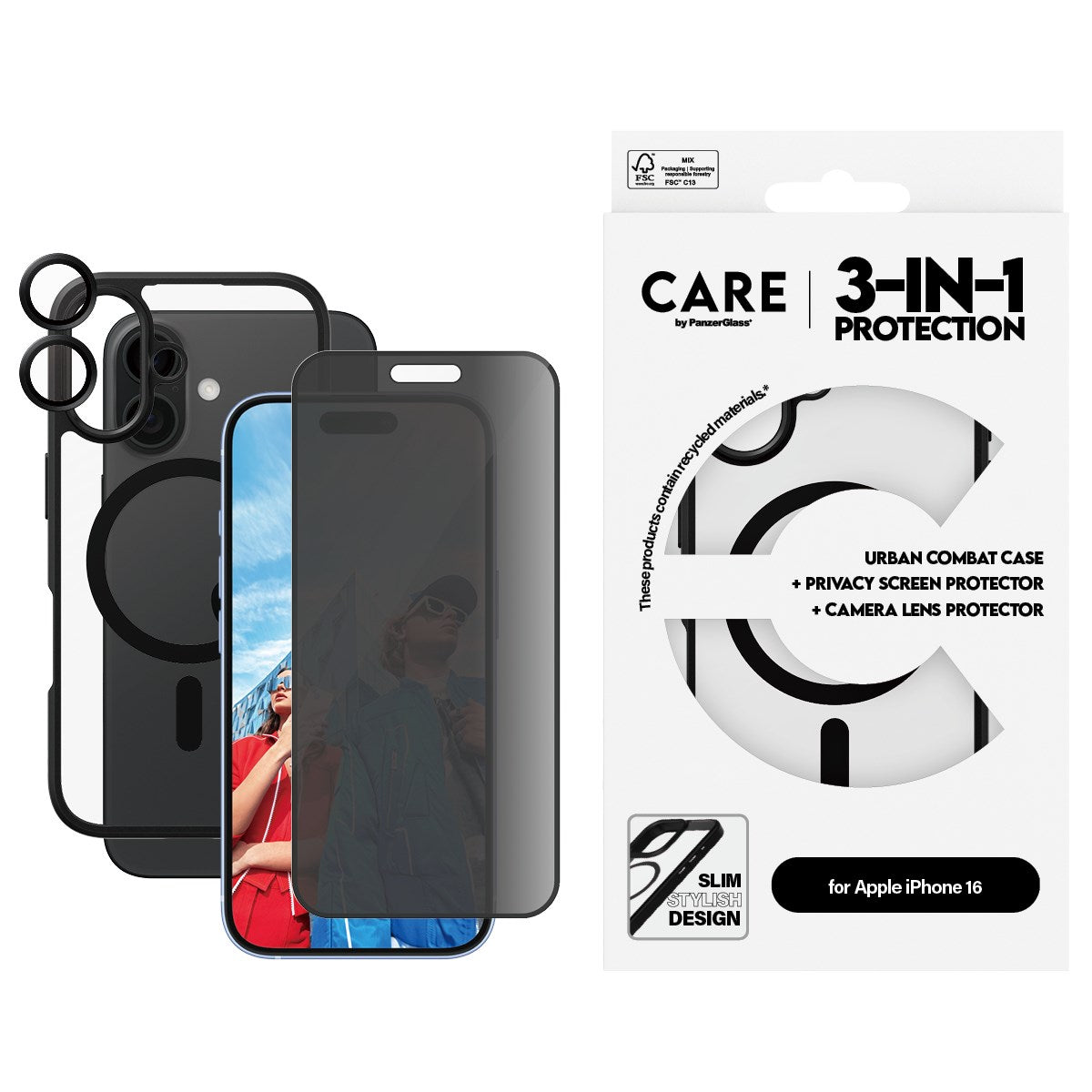 CARE by PanzerGlass® Flagship 3-in-1 Privacy Bundle iPhone 16