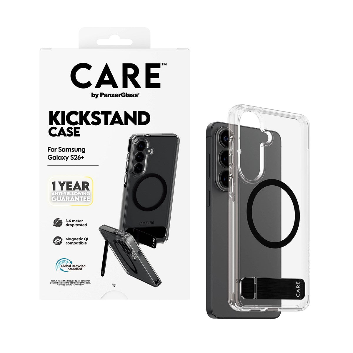 CARE™ by PanzerGlass® Case Transparent w. Black Kickstand & Qi Samsung Galaxy S26+