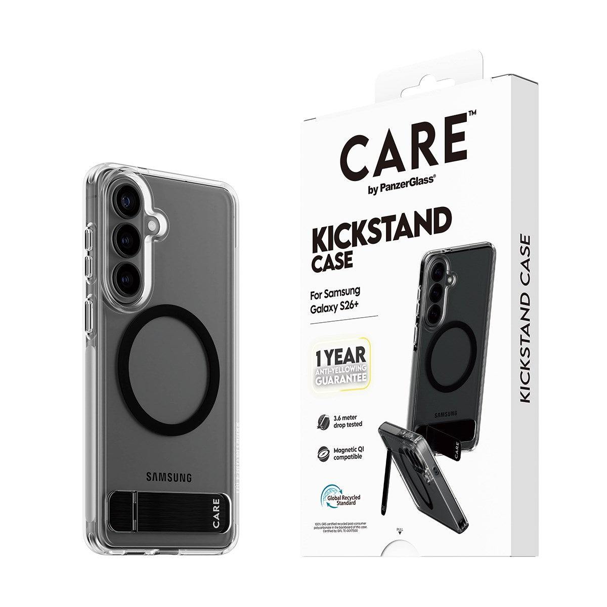CARE™ by PanzerGlass® Case Transparent w. Black Kickstand & Qi Samsung Galaxy S26+