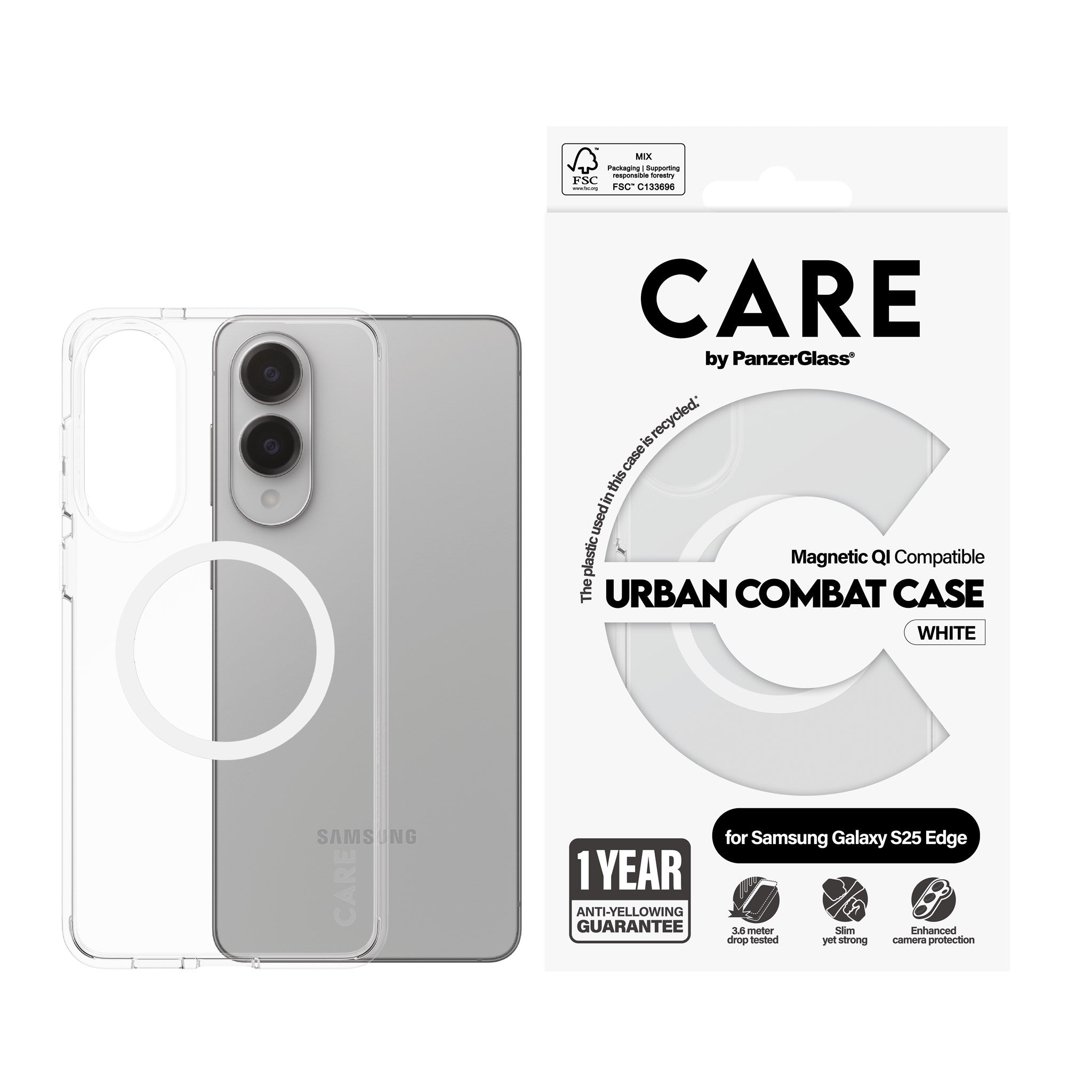 CARE by PanzerGlass® Flagship Case Transparent Urban Combat w. White Qi Compatible Samsung S25 Edge