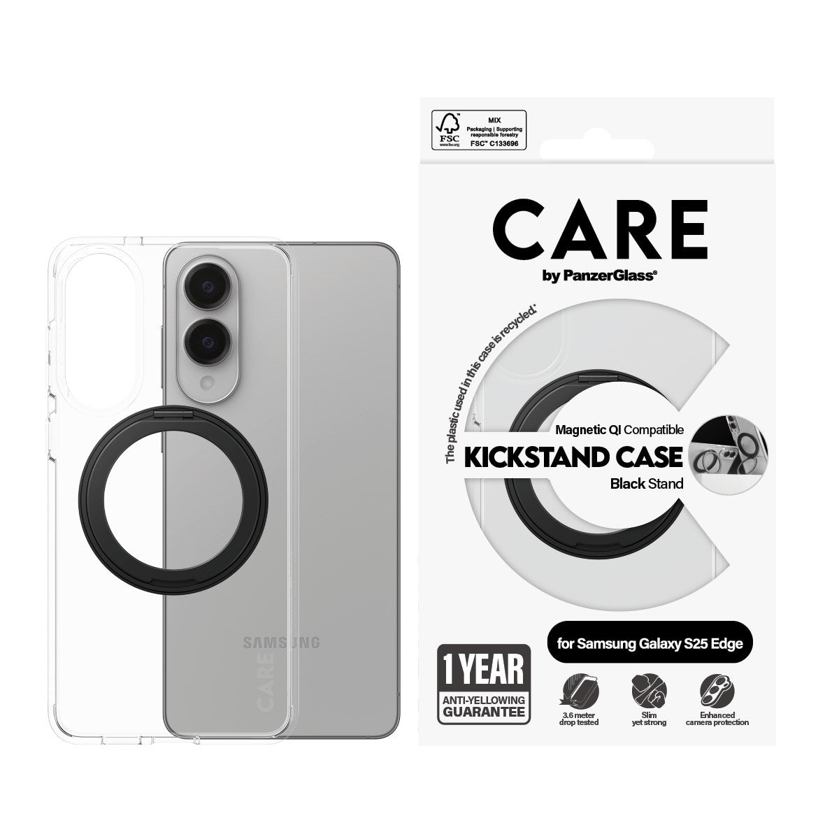 CARE by PanzerGlass® Feature Case Transparent w. Black Kickstand & Qi Compatible Samsung S25 Edge