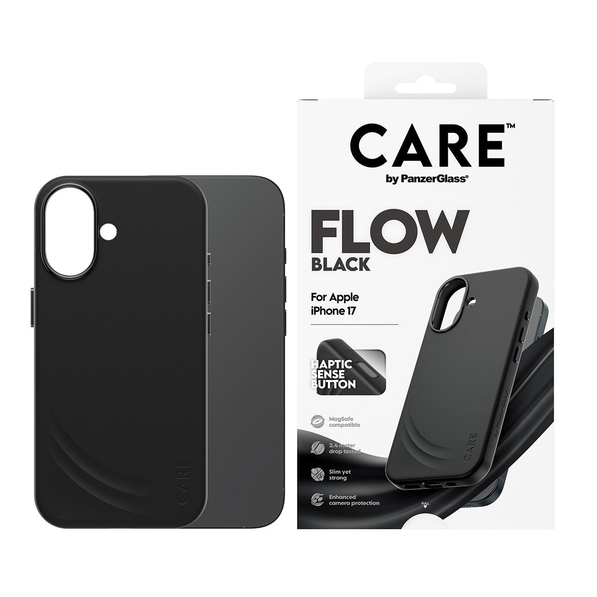 CARE™ by PanzerGlass® Flow Case Black w. Haptic Button & MagSafe iPhone 17