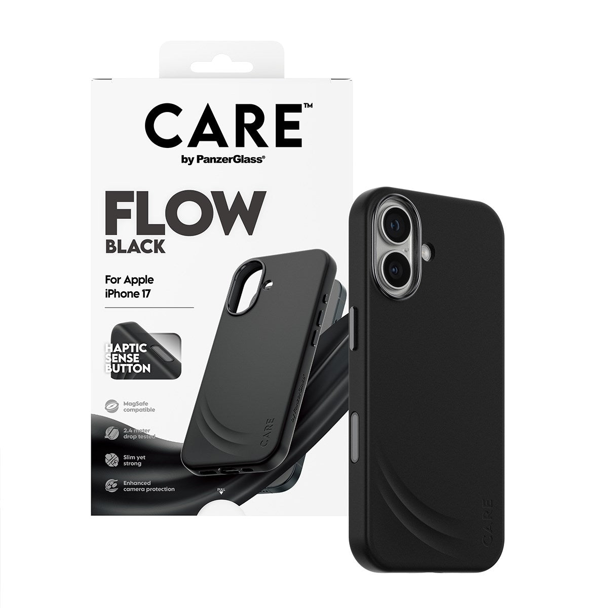 CARE™ by PanzerGlass® Flow Case Black w. Haptic Button & MagSafe iPhone 17