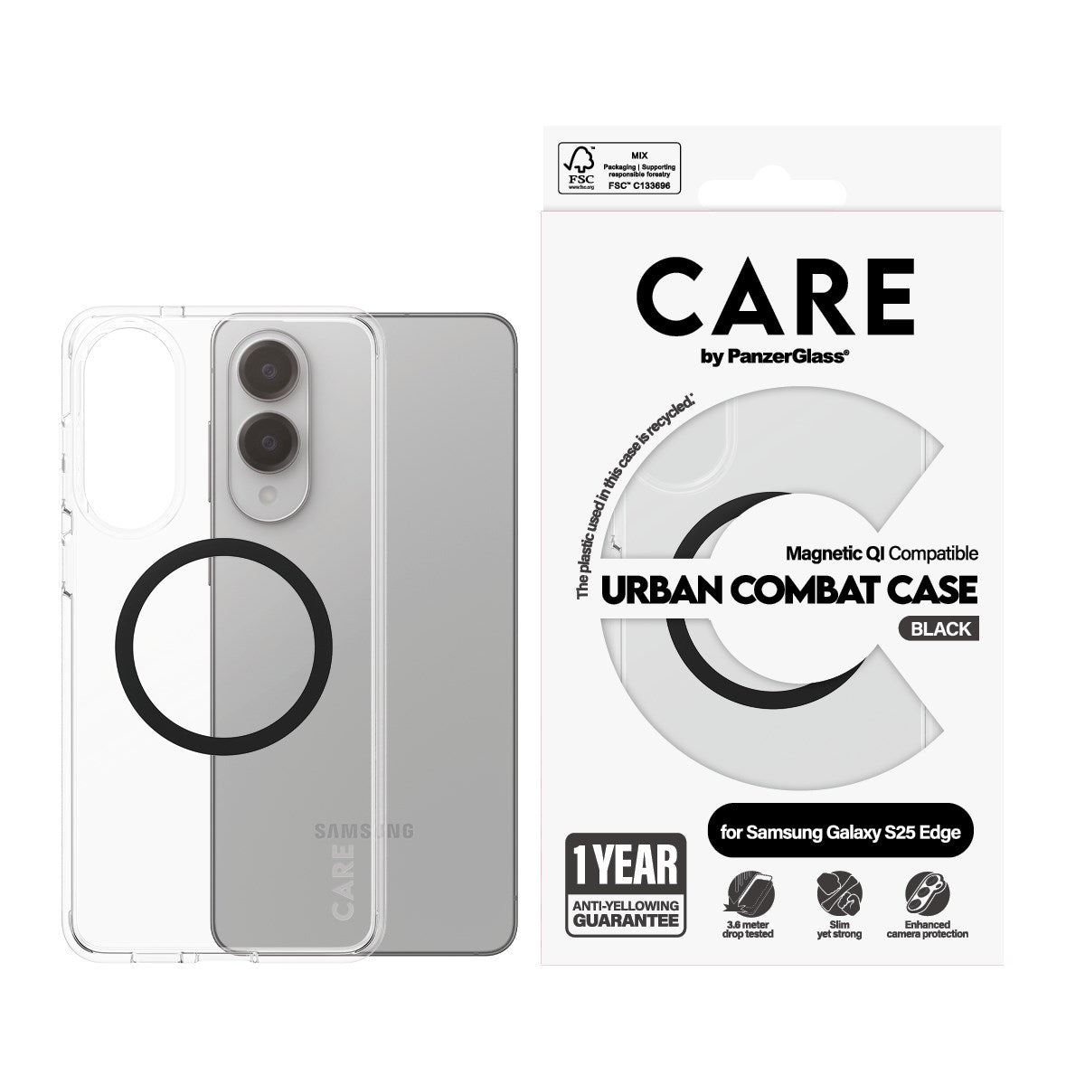 CARE by PanzerGlass® Flagship Case Transparent Urban Combat w. Black Qi Compatible Samsung S25 Edge