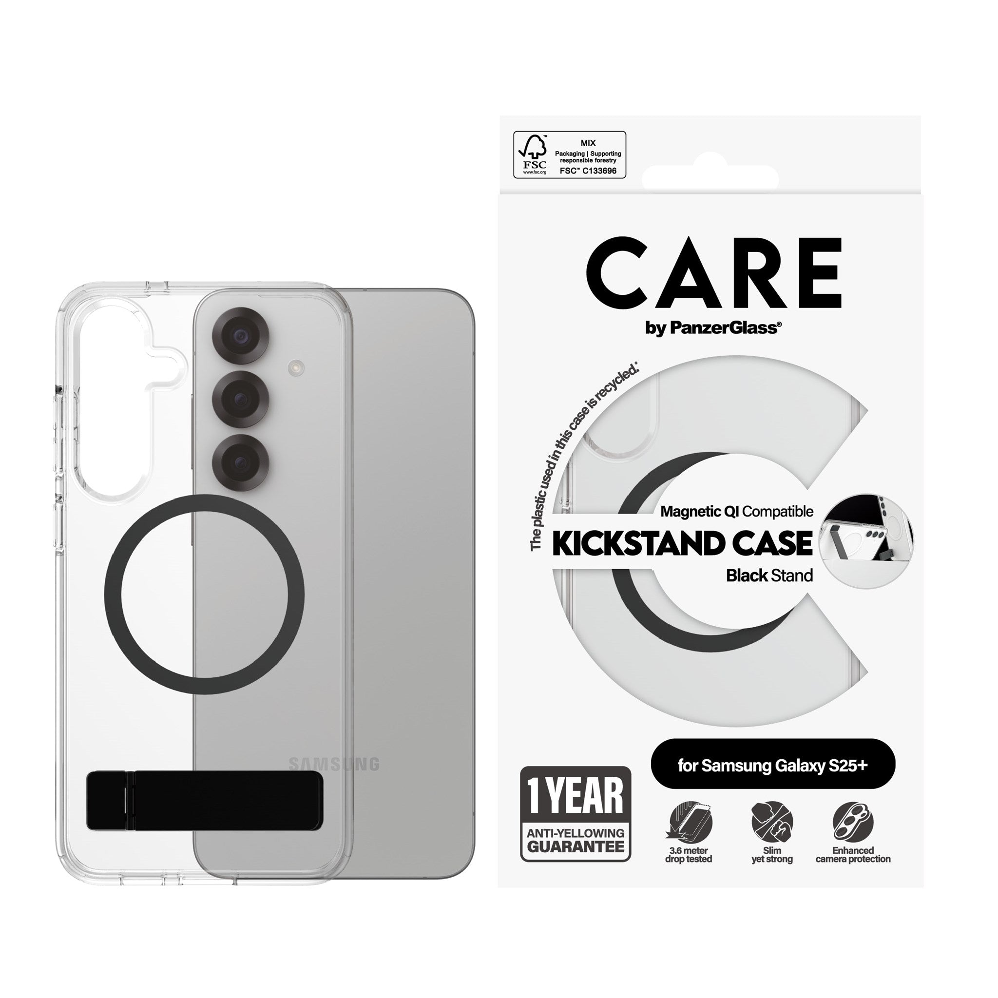 CARE by PanzerGlass® Feature Case Transparent w. Black Kickstand & Qi Compatible Samsung Galaxy S25+