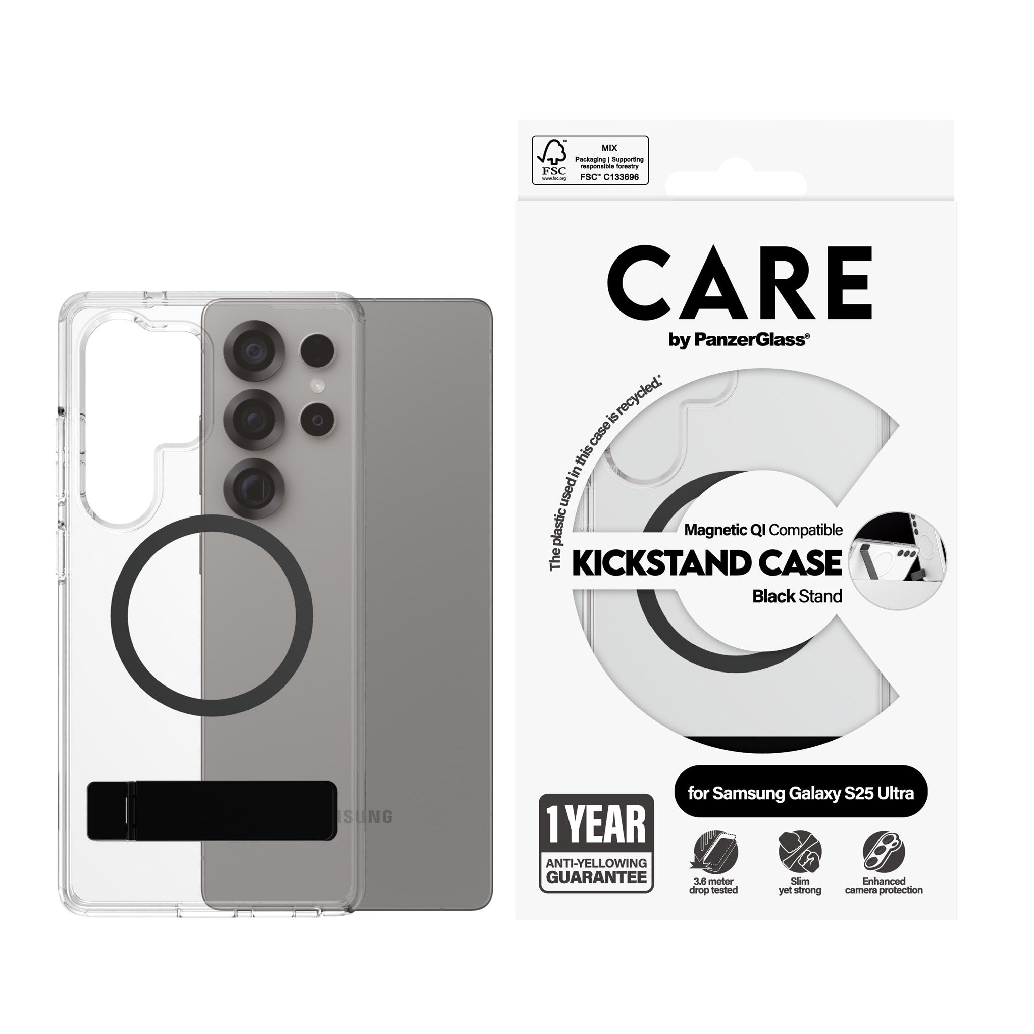 CARE by PanzerGlass® Feature Case Transparent w. Black Kickstand & Qi Compatible Samsung Galaxy S25 Ultra