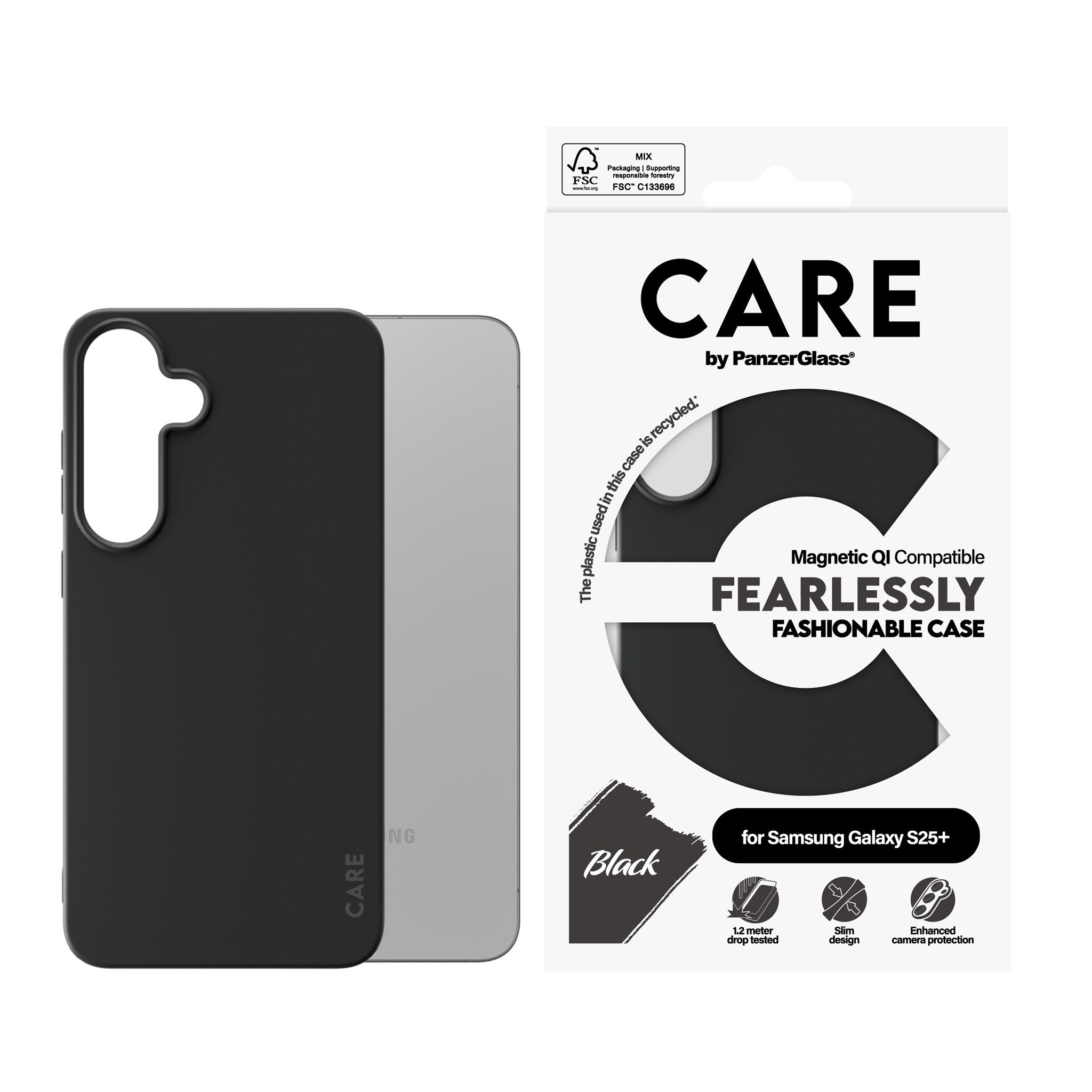 CARE by PanzerGlass® Fashionable Case Black w. Qi Compatible Samsung Galaxy S25+