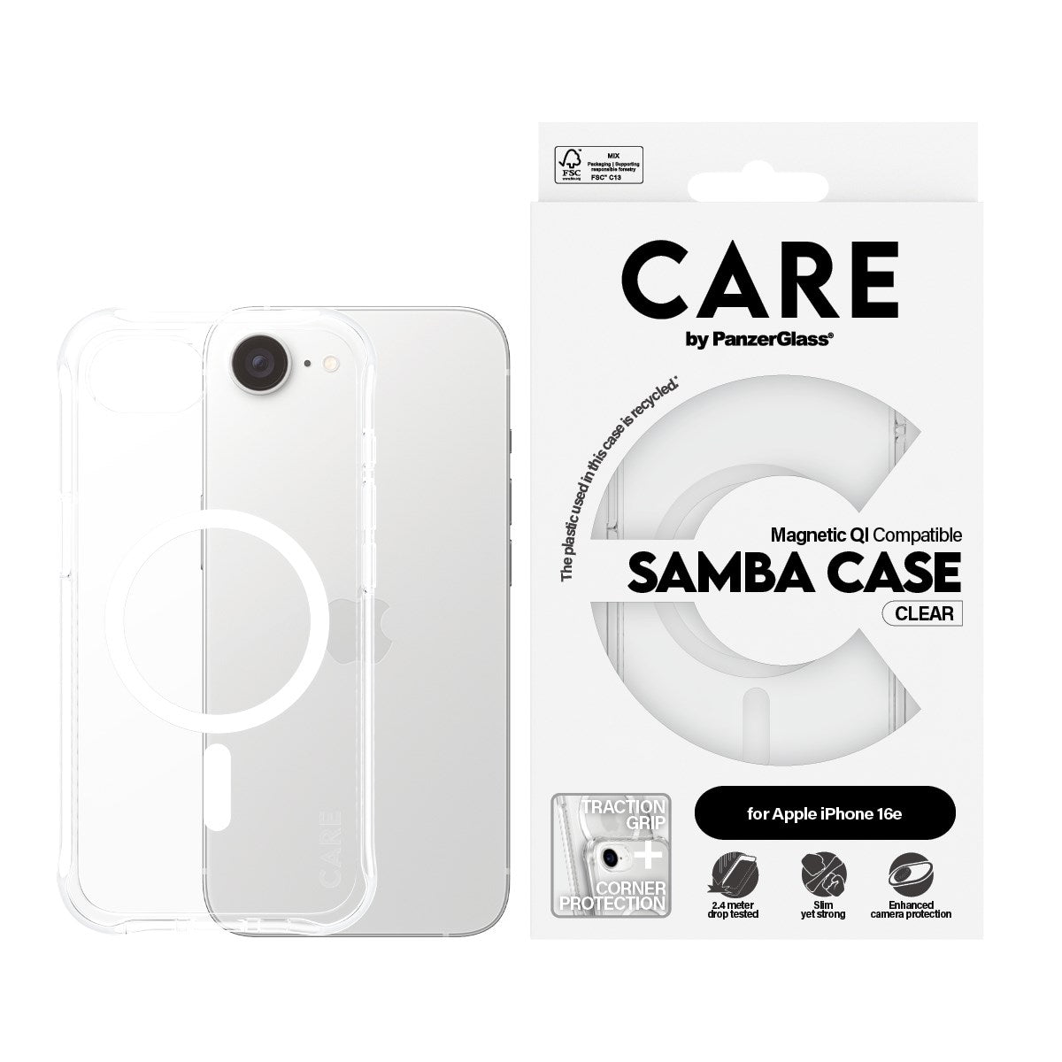 CARE by PanzerGlass® Fashionable Case Samba Transparent w. White Qi Compatible iPhone 16e