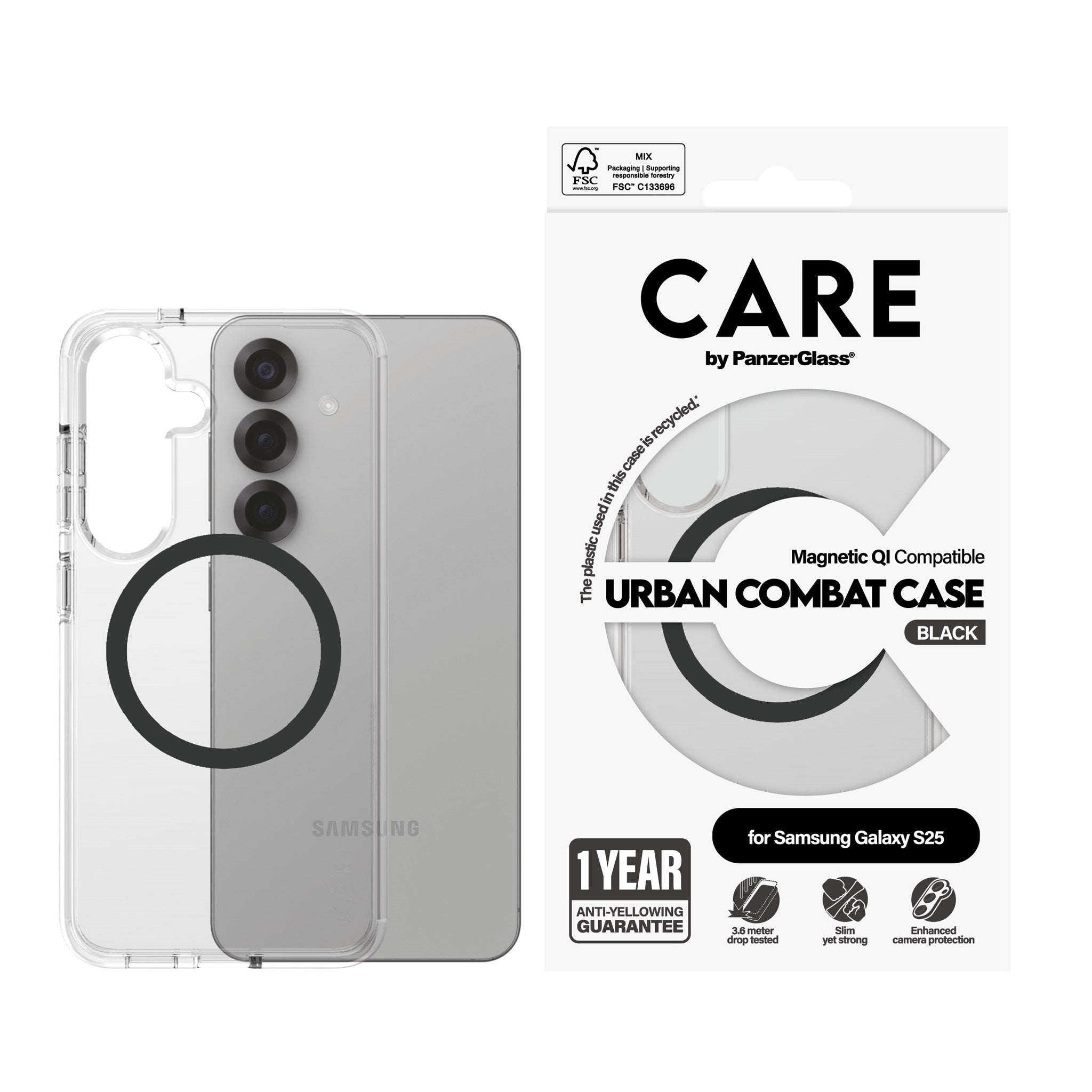 CARE by PanzerGlass® Flagship Case Transparent Urban Combat w. Black Qi Compatible Samsung Galaxy S25
