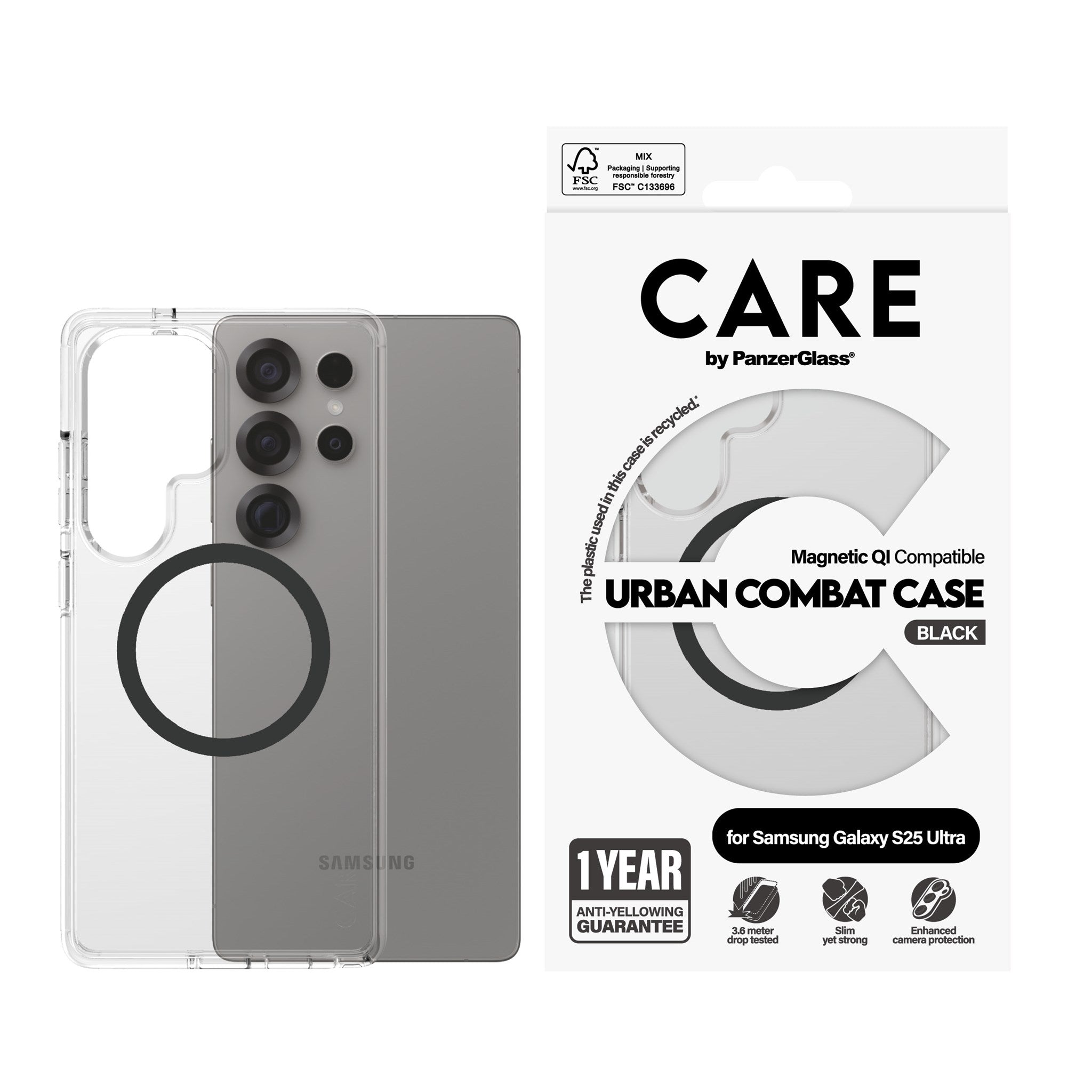 CARE by PanzerGlass® Flagship Case Transparent Urban Combat w. Black Qi Compatible Samsung Galaxy S25 Ultra