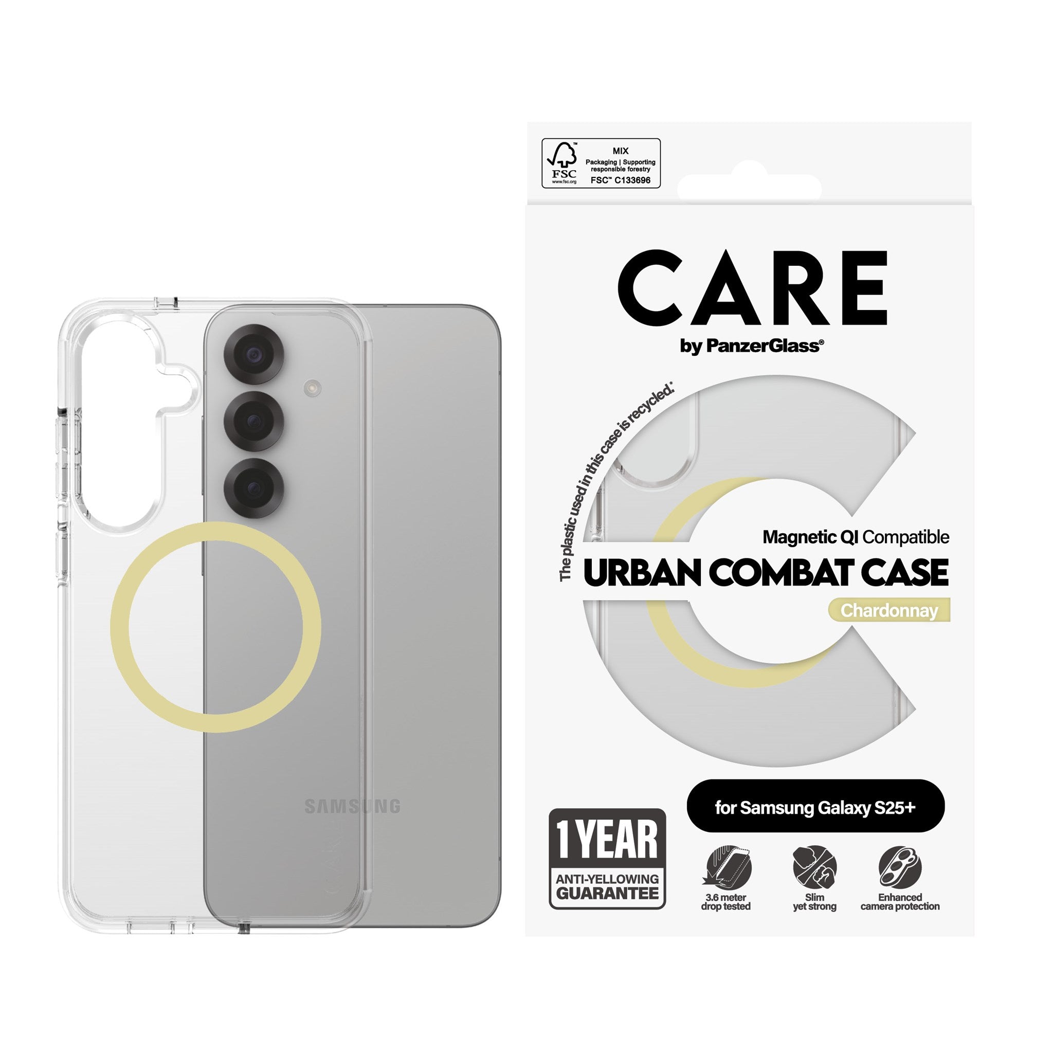 CARE by PanzerGlass® Flagship Case Transparent Urban Combat w. Chardonnay Qi Compatible Samsung Galaxy S25+