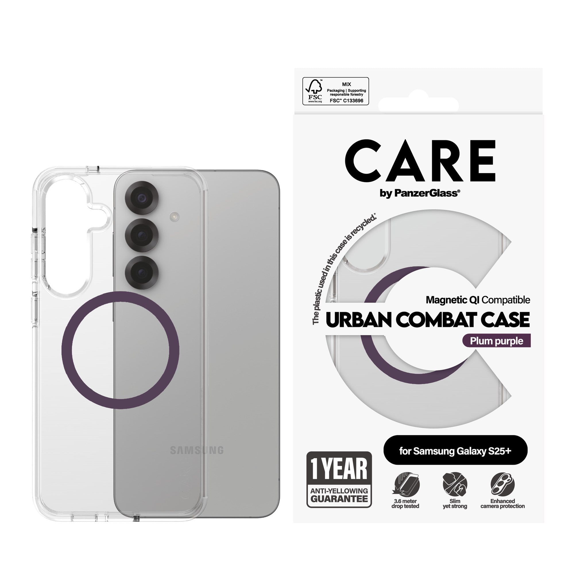 CARE by PanzerGlass® Flagship Case Transparent Urban Combat w. Plum Purple Qi Compatible Samsung Galaxy S25+