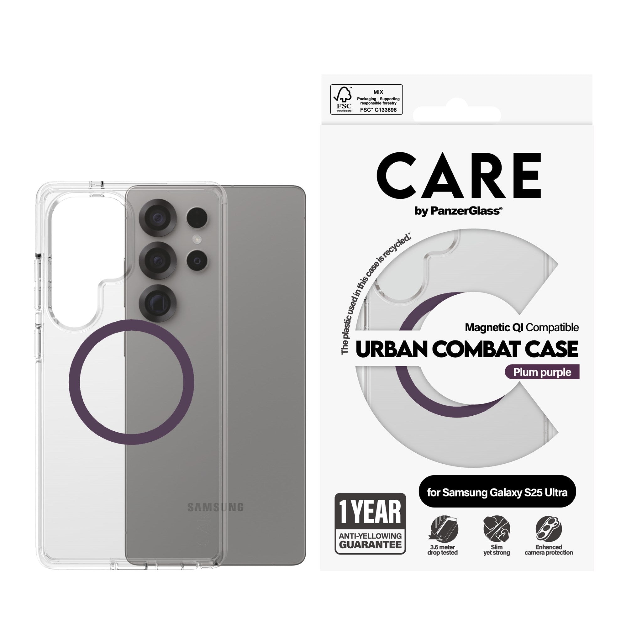 CARE by PanzerGlass® Flagship Case Transparent Urban Combat w. Plum Purple Qi Compatible Samsung Galaxy S25 Ultra