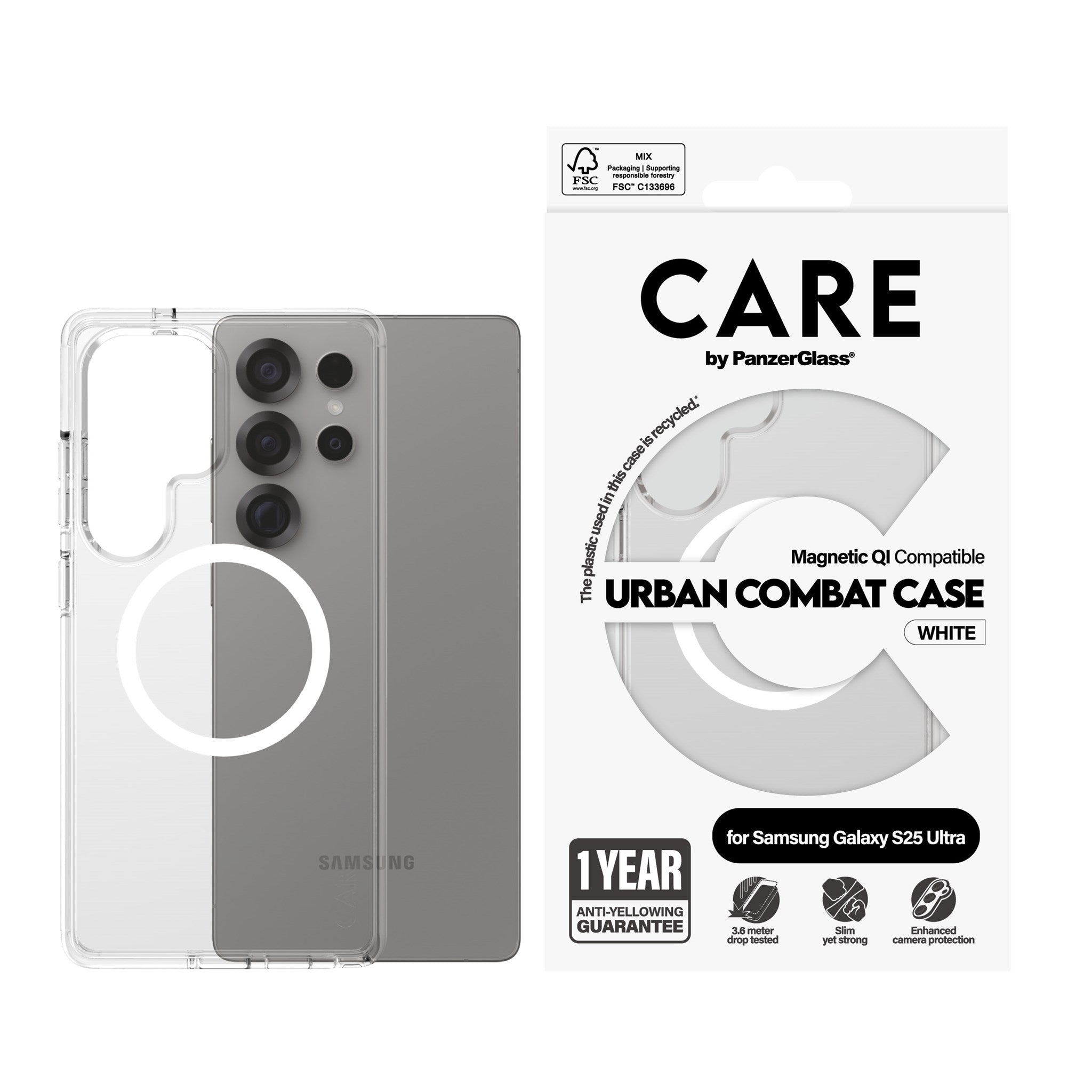 CARE by PanzerGlass® Flagship Case Transparent Urban Combat w. White Qi Compatible Samsung Galaxy S25 Ultra