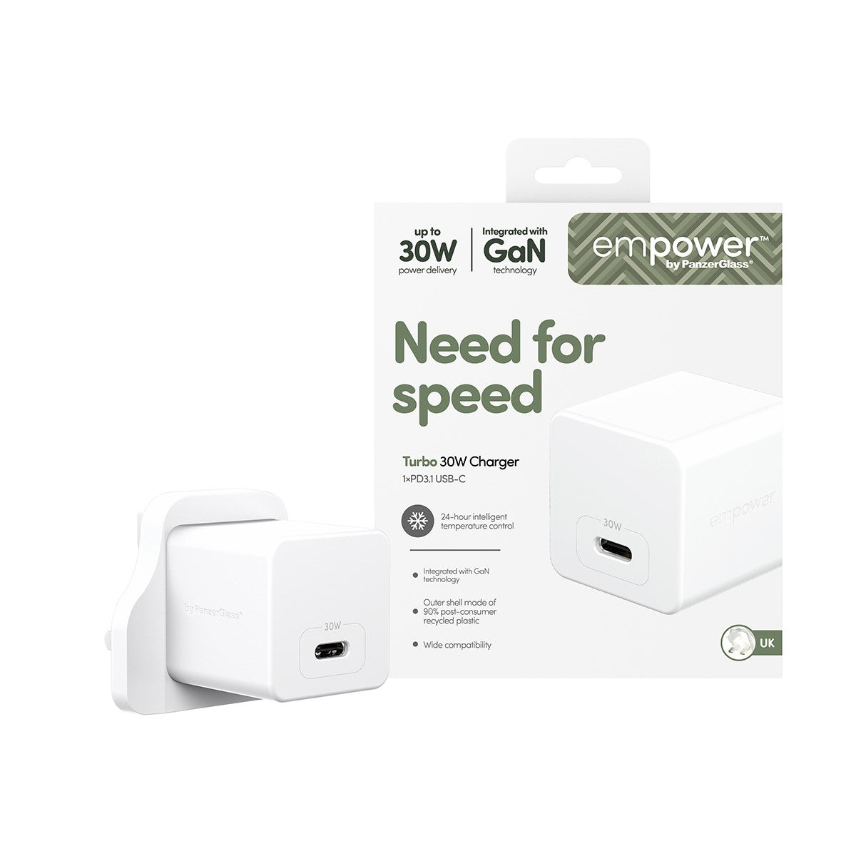 empower™ by PanzerGlass® Turbo 30W Charger Single USB-C | UK Plug | Silver White