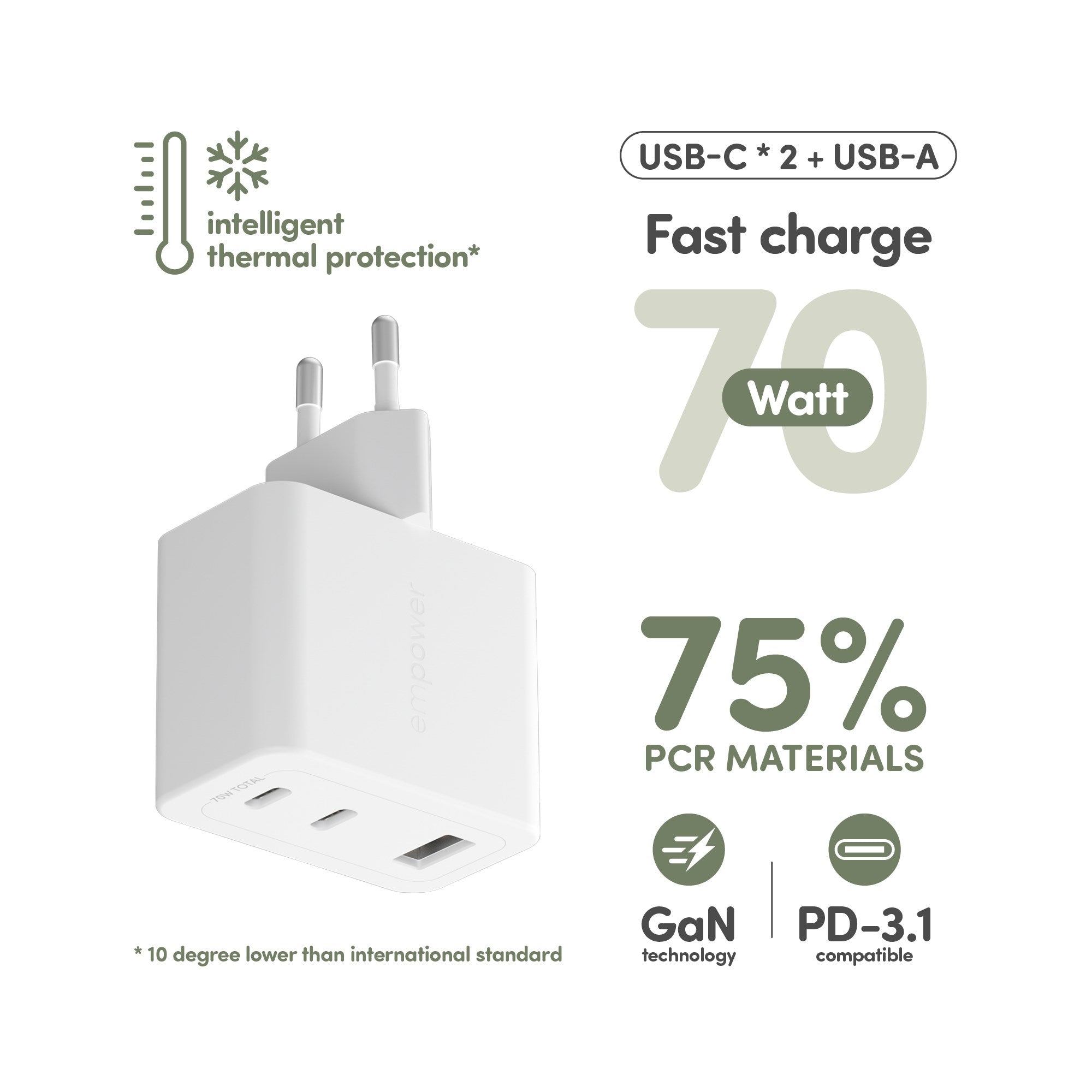 empower™ by PanzerGlass® Turbo 70W Multiple Charger incl. 2 x USB-C + USB-A | EU Plug | Silver White