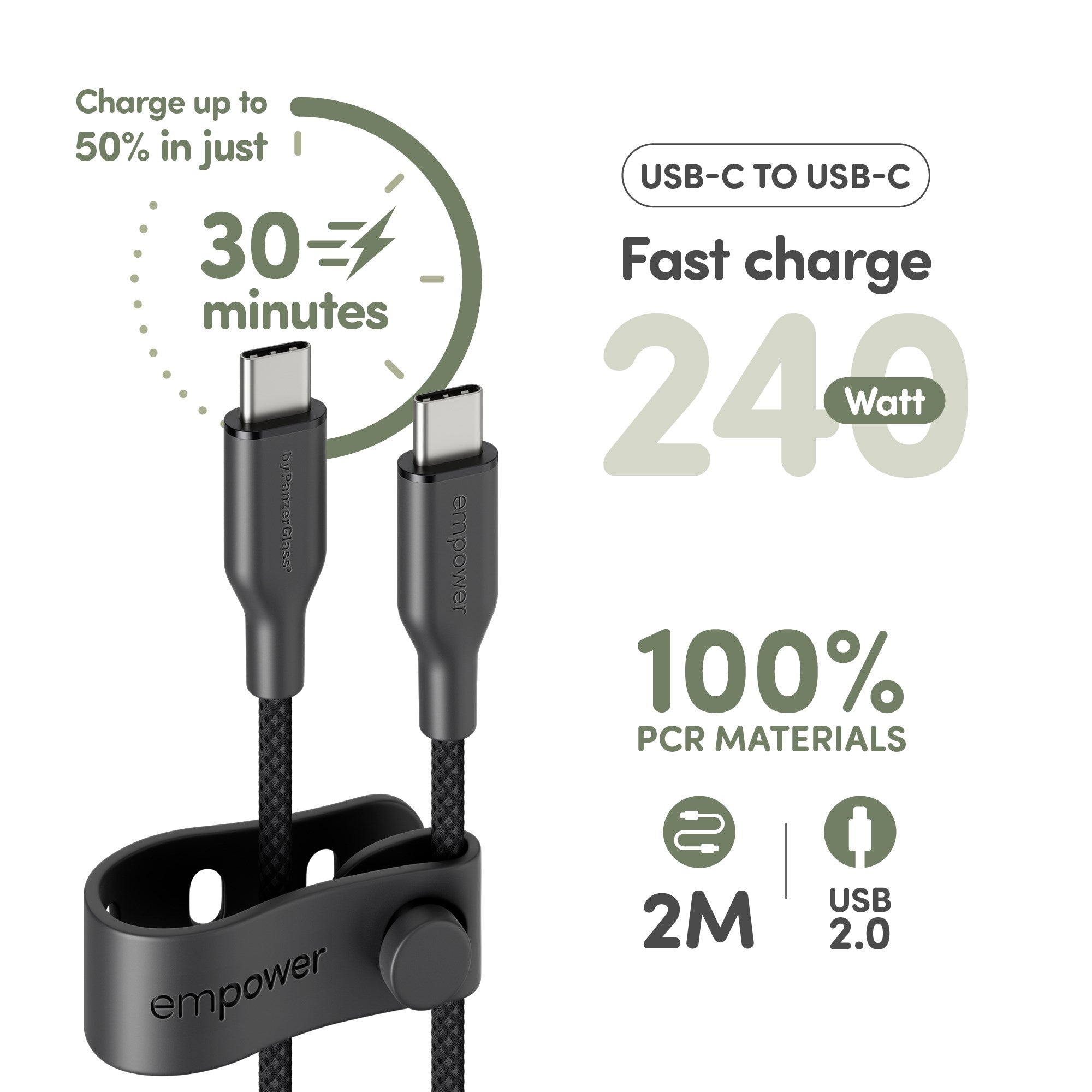 empower™ by PanzerGlass® Racing 240W USB-C to USB-C Cable | USB 2.0 | 2M | Space Black