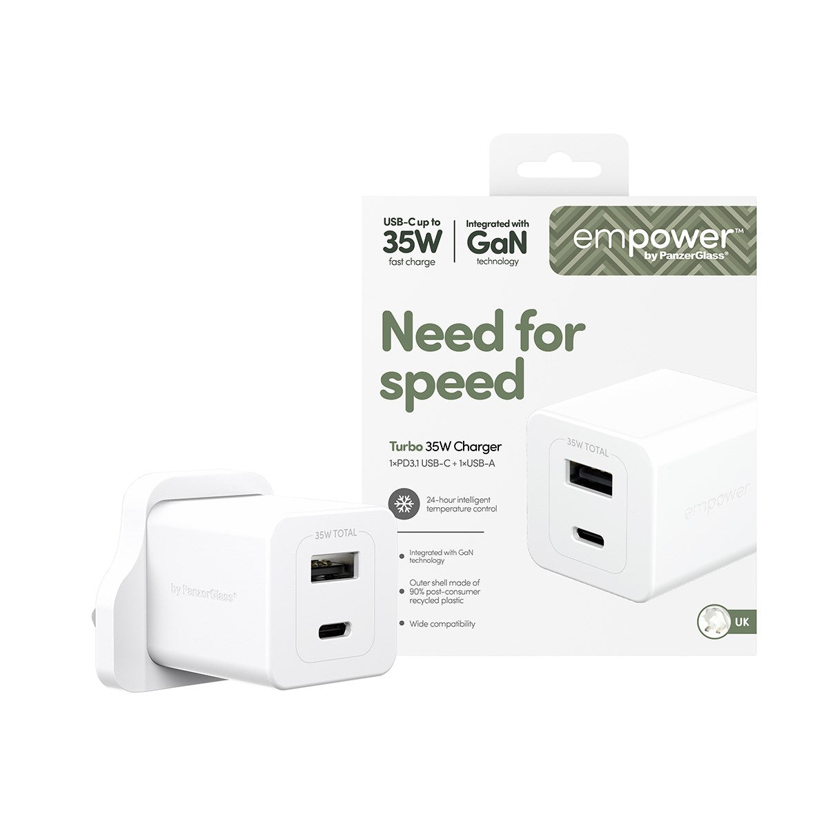 empower™ by PanzerGlass® Turbo 35W Charger incl. USB-C + USB-A | UK Plug| Silver White