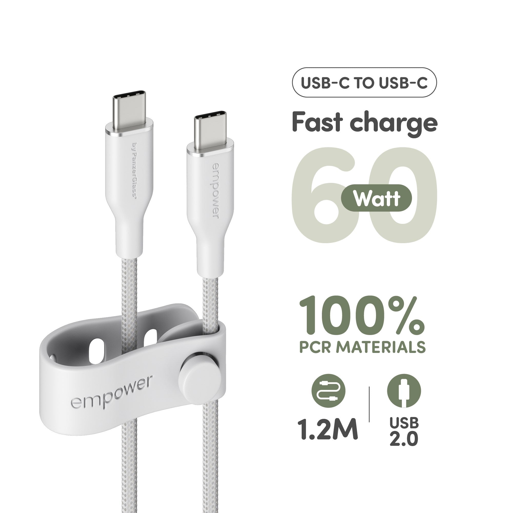 empower™ by PanzerGlass® Racing 60W USB-C to USB-C Cable | USB 2.0 | 1.2M | Silver White
