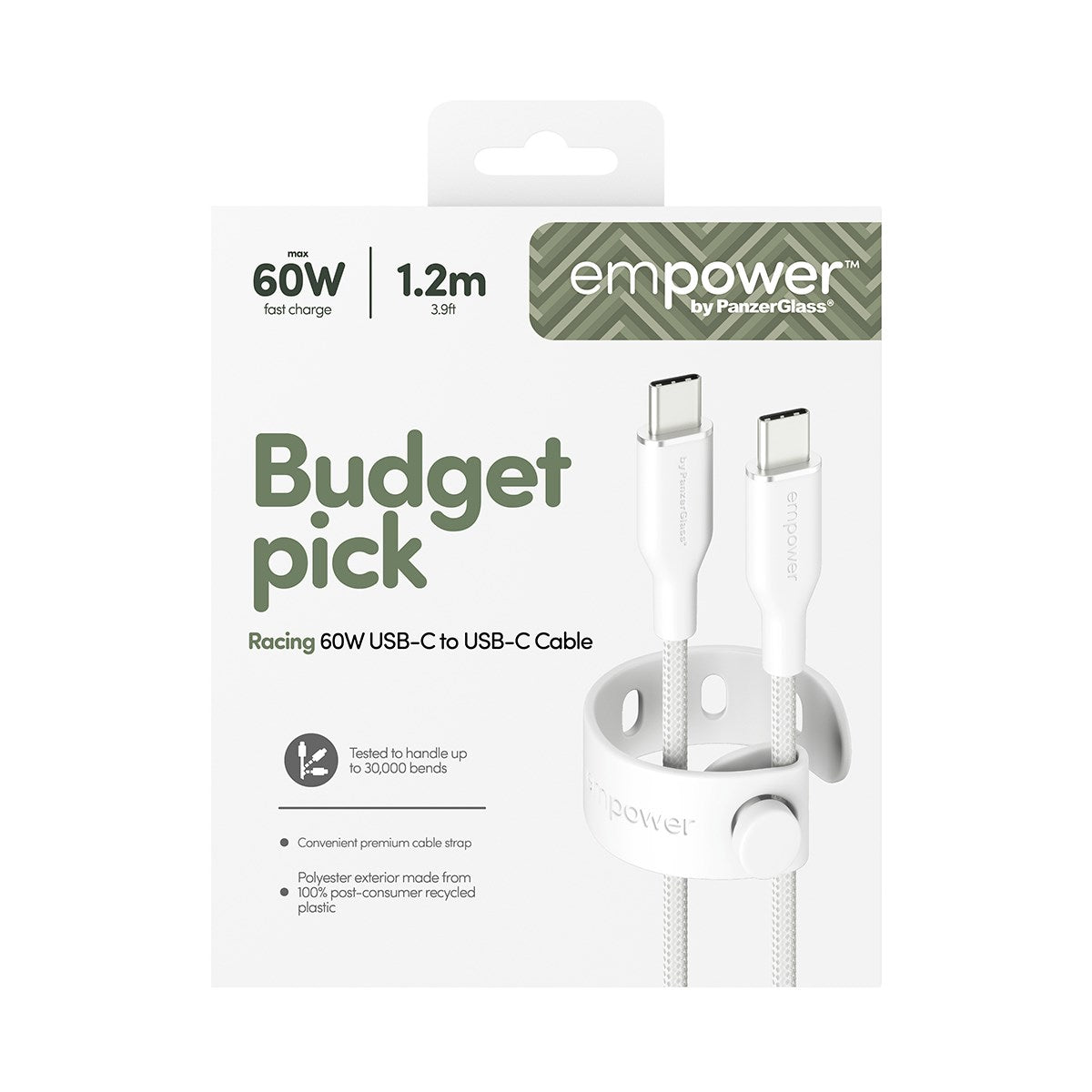 empower™ by PanzerGlass® Racing 60W USB-C to USB-C Cable | USB 2.0 | 1.2M | Silver White