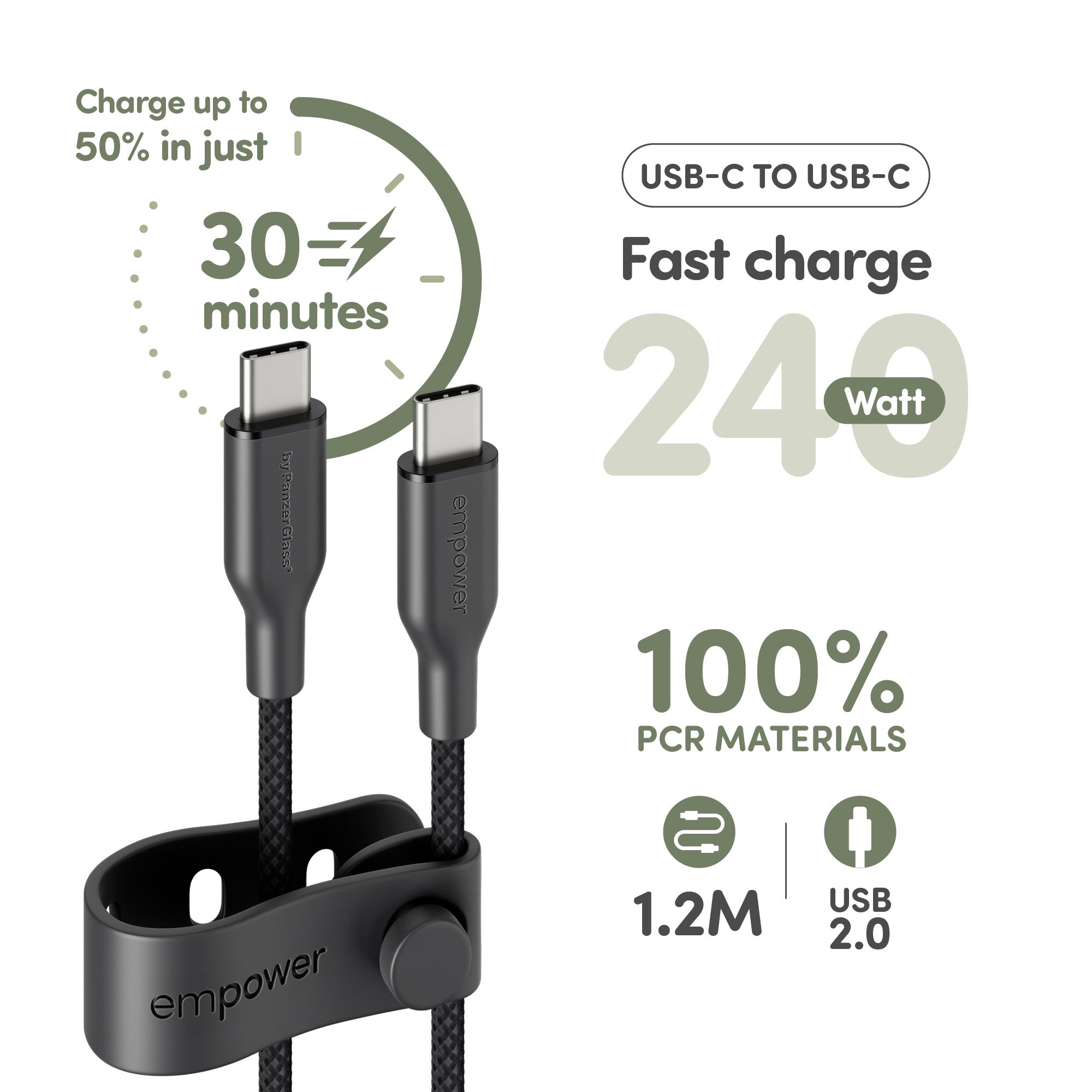 empower™ by PanzerGlass® Racing 240W USB-C to USB-C Cable | USB 2.0 | 1.2M | Space Black