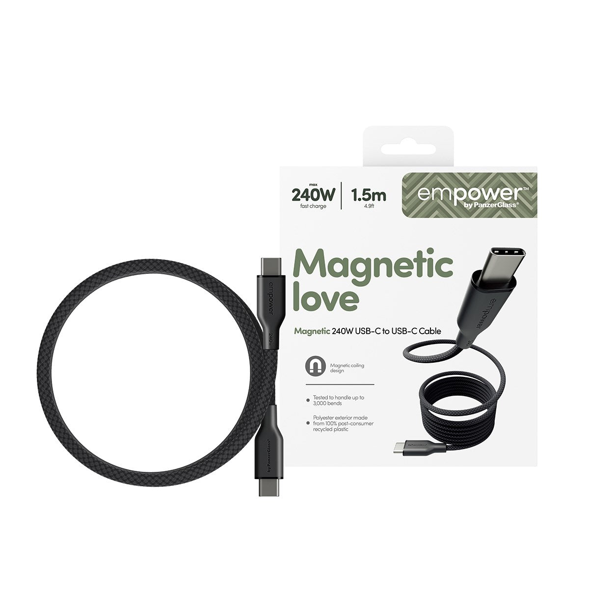 empower™ by PanzerGlass® Magnetic 240W USB-C to USB-C Cable | USB 2.0 | 1.5M | Space Black