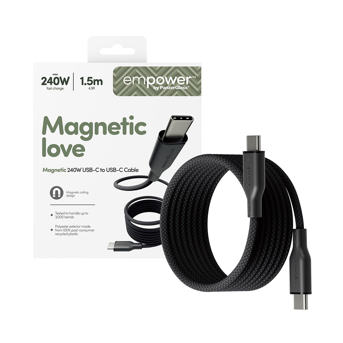 empower™ by PanzerGlass® Magnetic 240W USB-C to USB-C Cable | USB 2.0 | 1.5M | Space Black