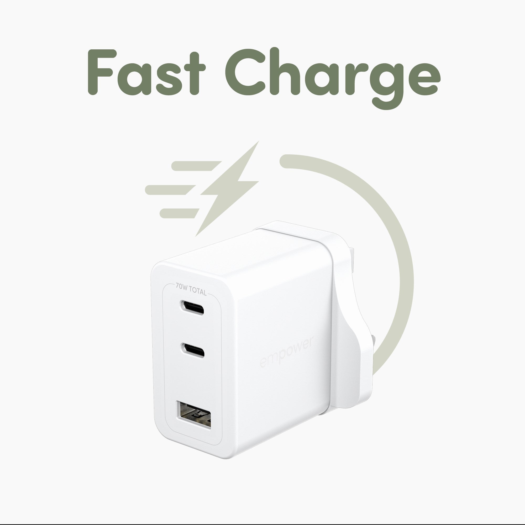 empower™ by PanzerGlass® Turbo 70W Multiple Charger incl. 2 x USB-C + USB-A | UK Plug | Silver White