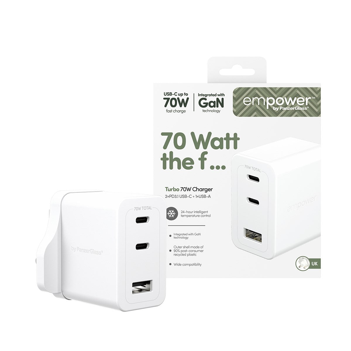 empower™ by PanzerGlass® Turbo 70W Multiple Charger incl. 2 x USB-C + USB-A | UK Plug | Silver White