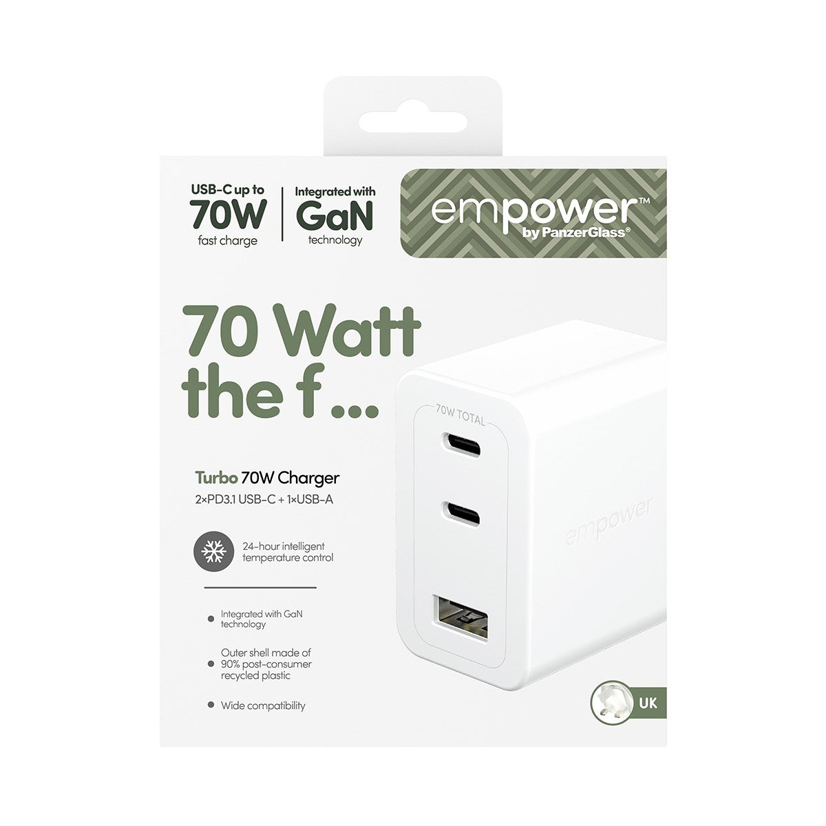 empower™ by PanzerGlass® Turbo 70W Multiple Charger incl. 2 x USB-C + USB-A | UK Plug | Silver White