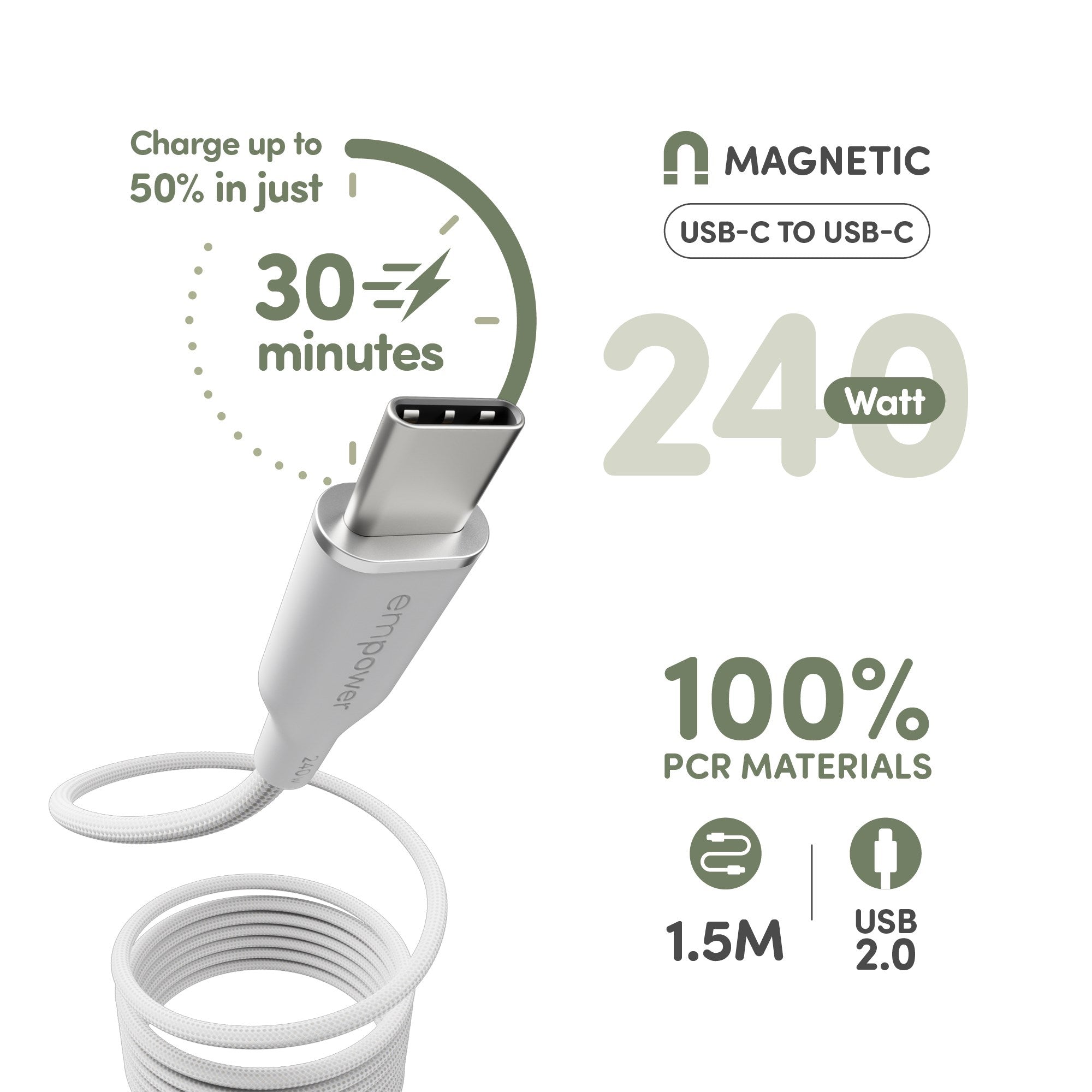 empower™ by PanzerGlass® Magnetic 240W USB-C to USB-C Cable | USB 2.0 | 1.5M | Silver White