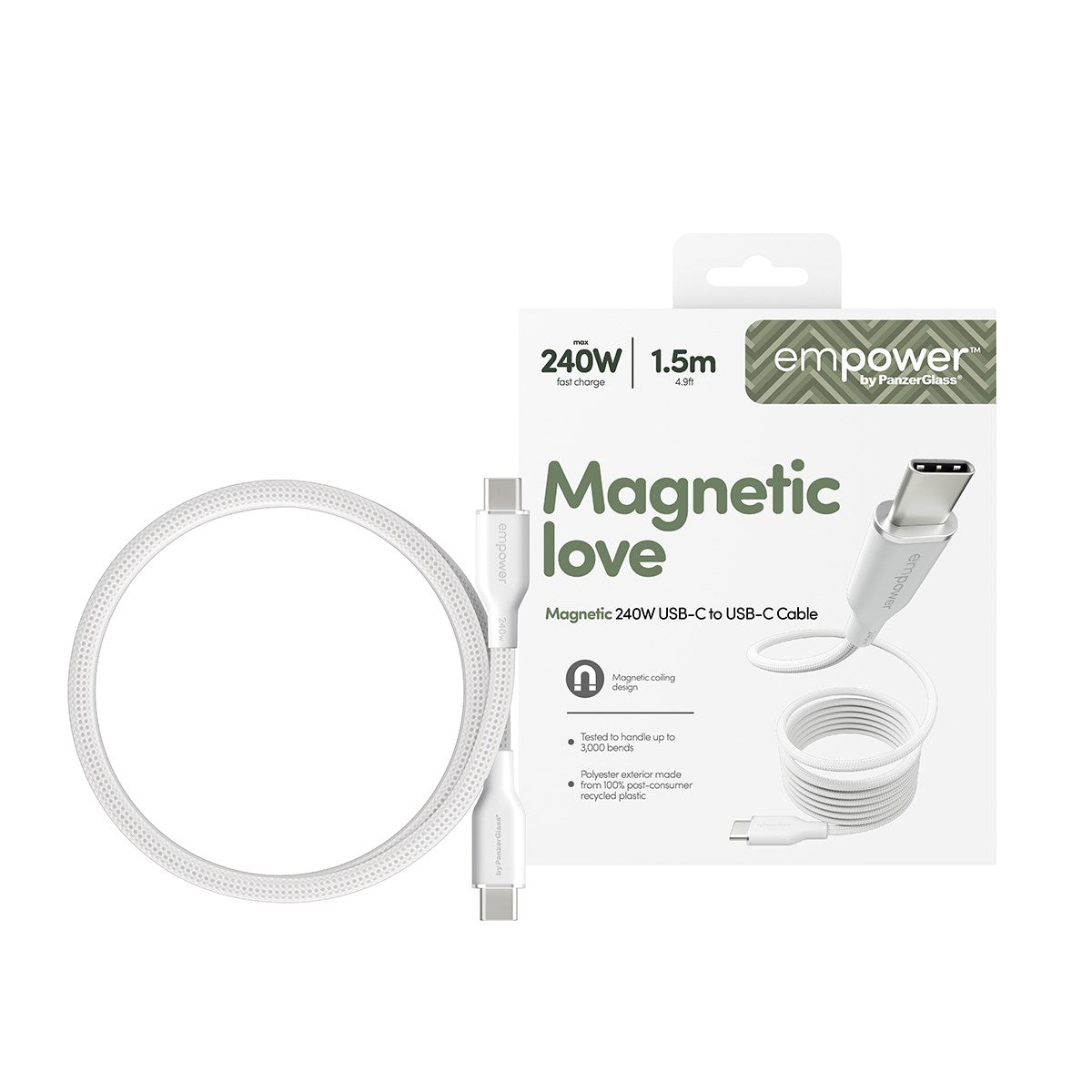 empower™ by PanzerGlass® Magnetic 240W USB-C to USB-C Cable | USB 2.0 | 1.5M | Silver White