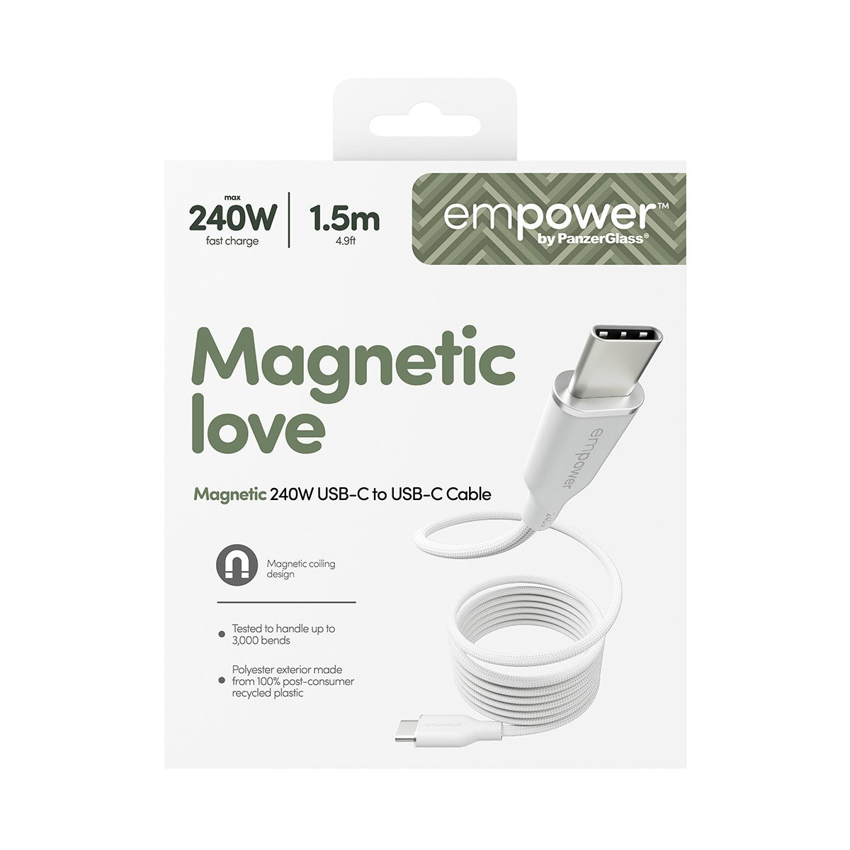 empower™ by PanzerGlass® Magnetic 240W USB-C to USB-C Cable | USB 2.0 | 1.5M | Silver White