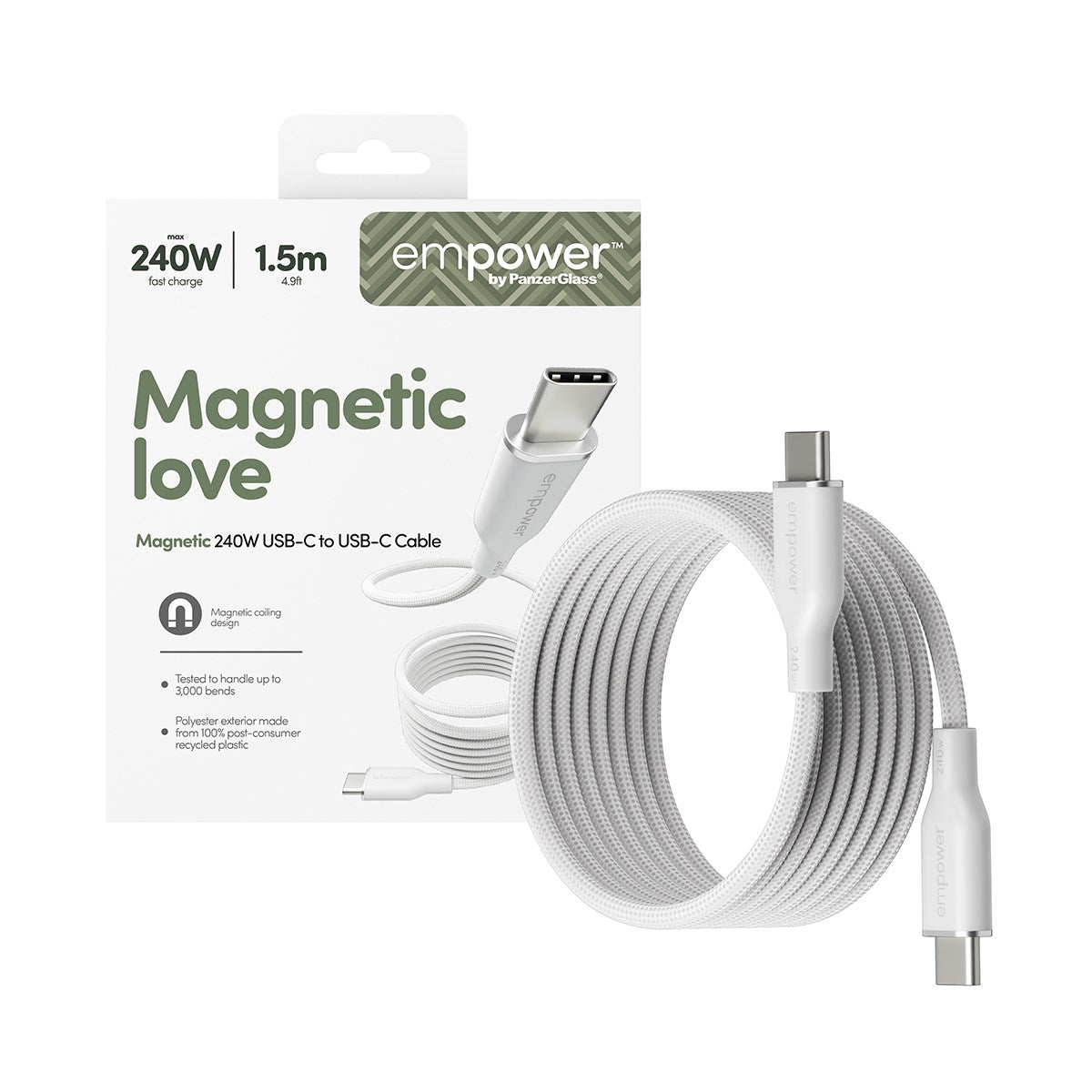 empower™ by PanzerGlass® Magnetic 240W USB-C to USB-C Cable | USB 2.0 | 1.5M | Silver White