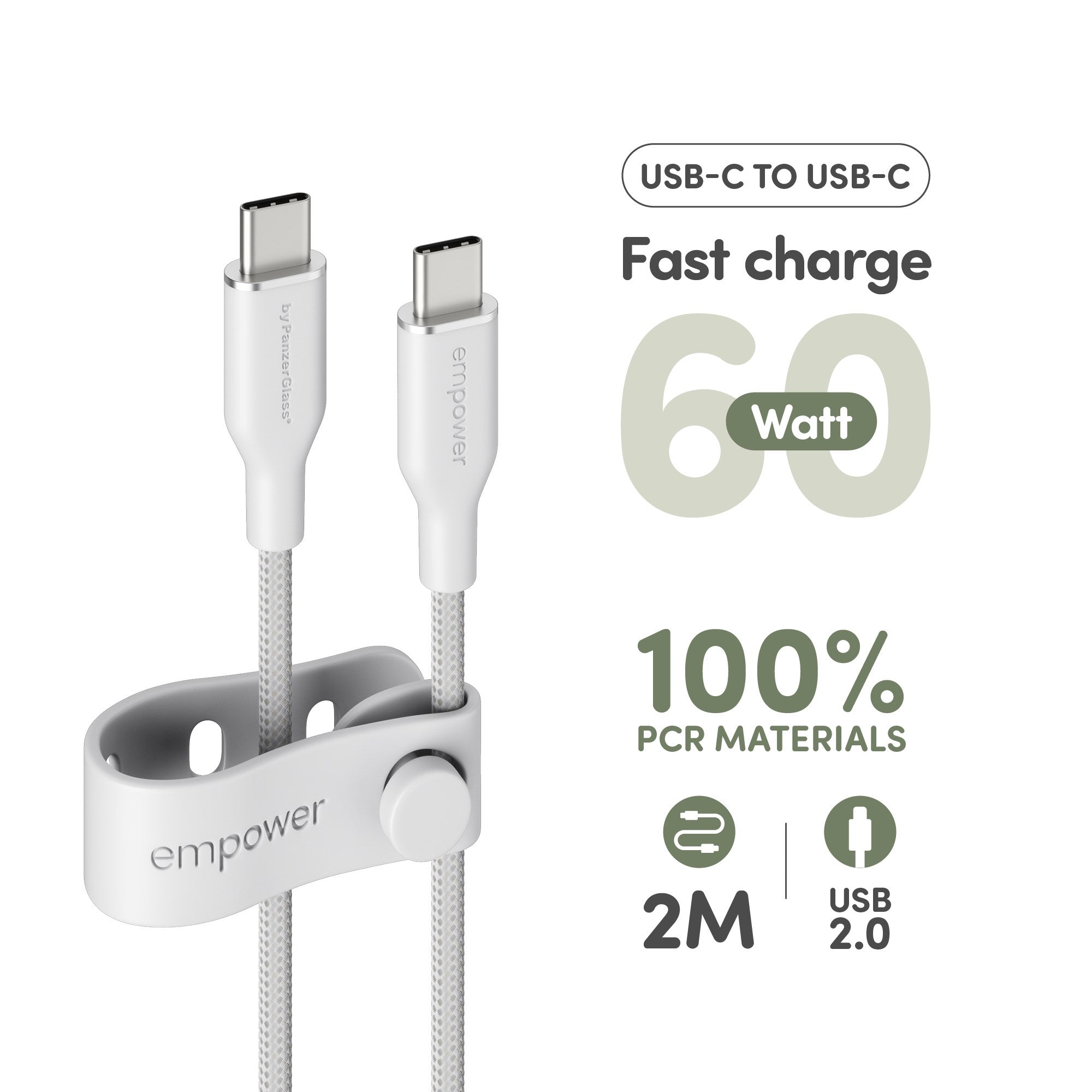 empower™ by PanzerGlass® Racing 60W USB-C to USB-C Cable | USB 2.0 | 2M | Silver White