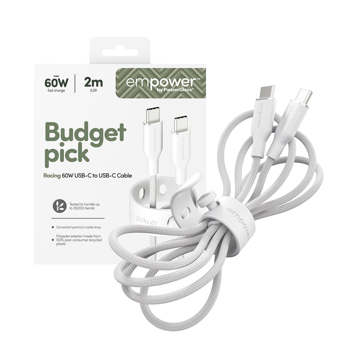 empower™ by PanzerGlass® Racing 60W USB-C to USB-C Cable | USB 2.0 | 2M | Silver White