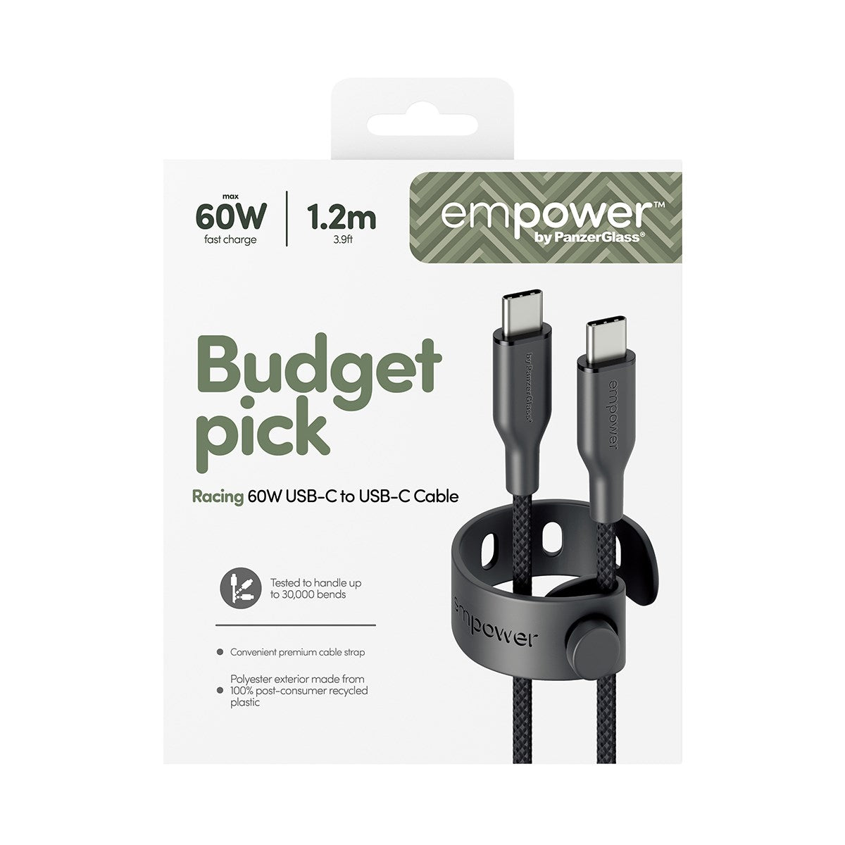 empower™ by PanzerGlass® Racing 60W USB-C to USB-C Cable | USB 2.0 | 1.2M | Space Black