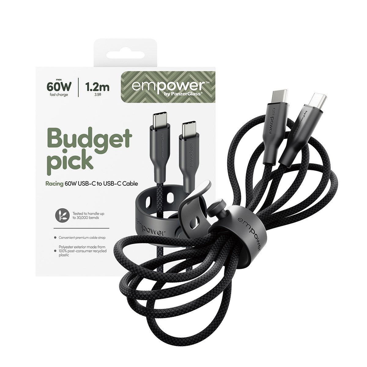 empower™ by PanzerGlass® Racing 60W USB-C to USB-C Cable | USB 2.0 | 1.2M | Space Black