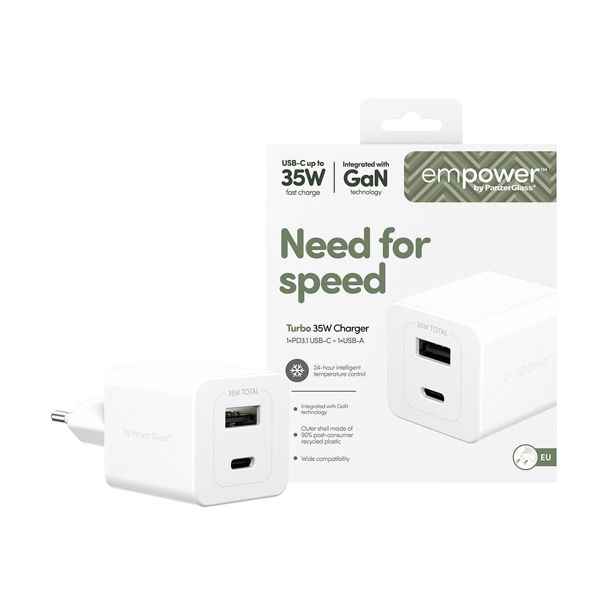 empower™ by PanzerGlass® Turbo 35W Charger incl. USB-C + USB-A | EU Plug | Silver White