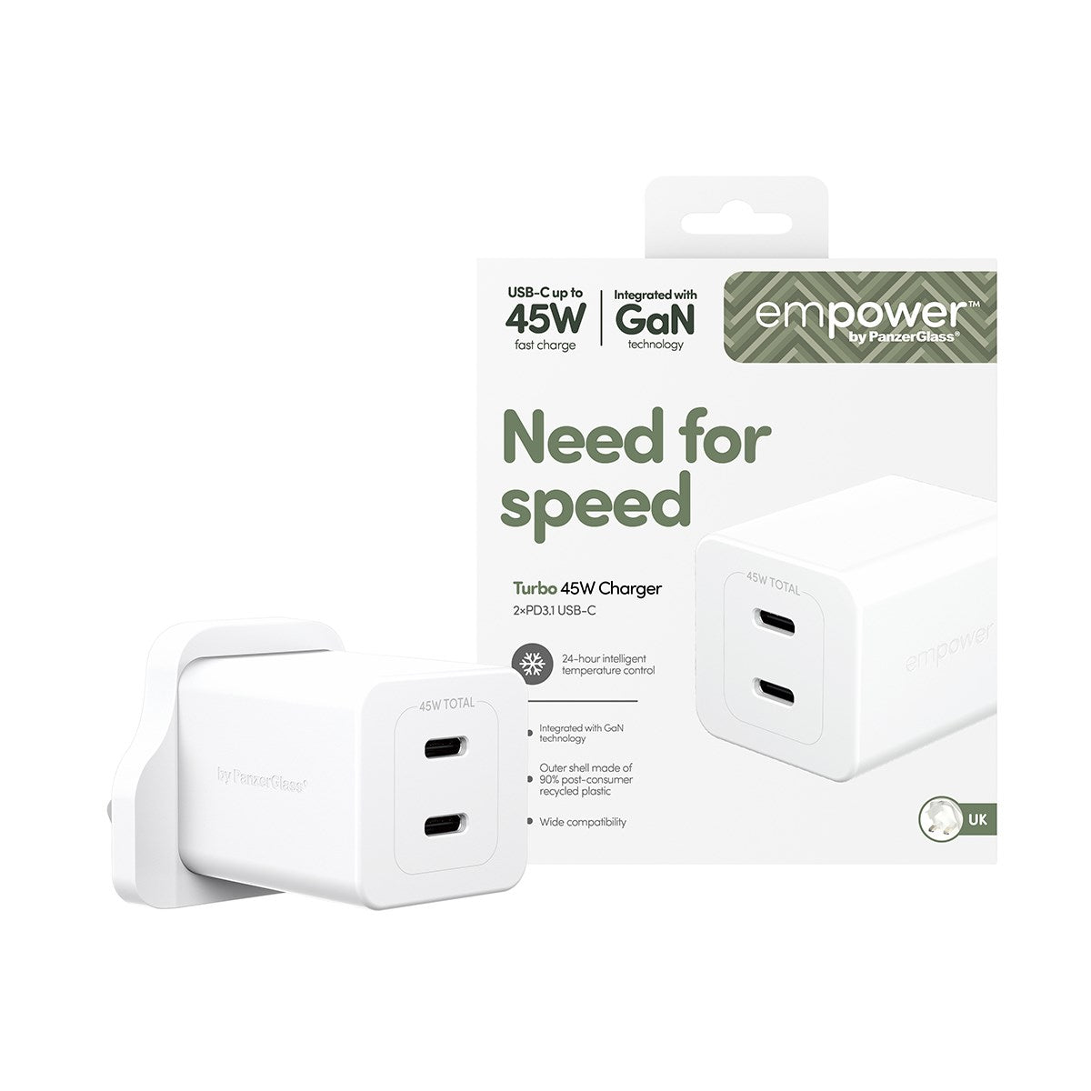 empower™ by PanzerGlass® Turbo 45W Charger incl. 2 x USB-C | UK Plug | Silver White