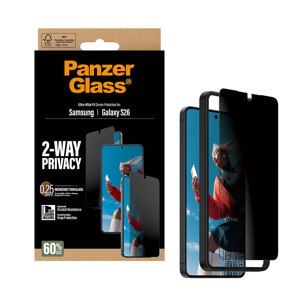 PanzerGlass® 2-Way Privacy Screen Protector Samsung Galaxy S26 | Ultra-Wide Fit w. EasyAligner