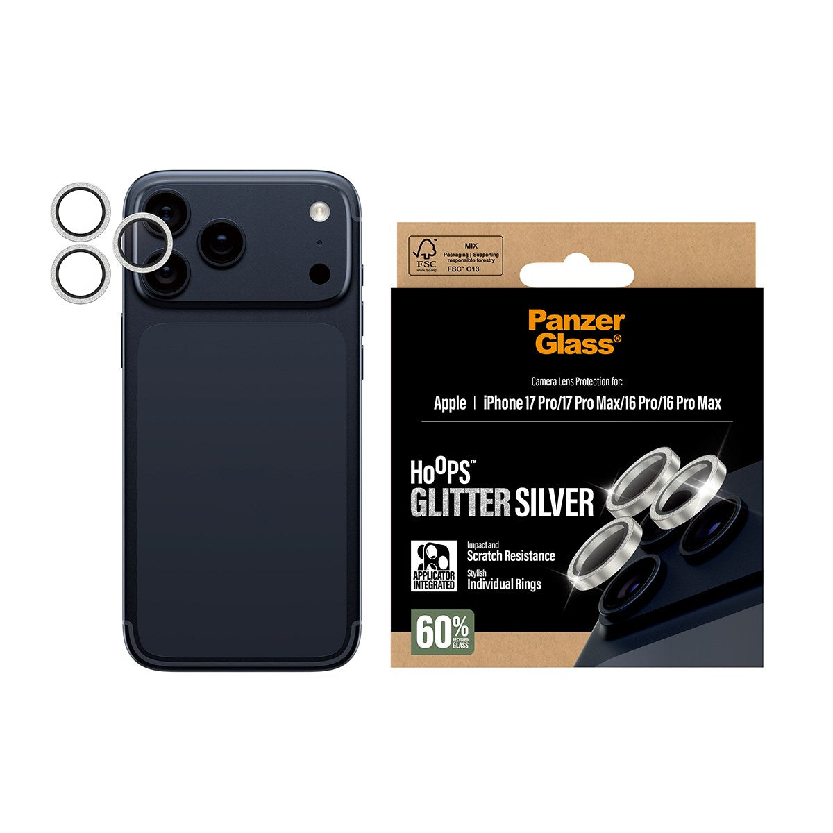 PanzerGlass® Hoops® Glitter Silver Camera Lens Protector iPhone 17 Pro | iPhone 17 Pro Max | iPhone 16 Pro | 16 Pro Max