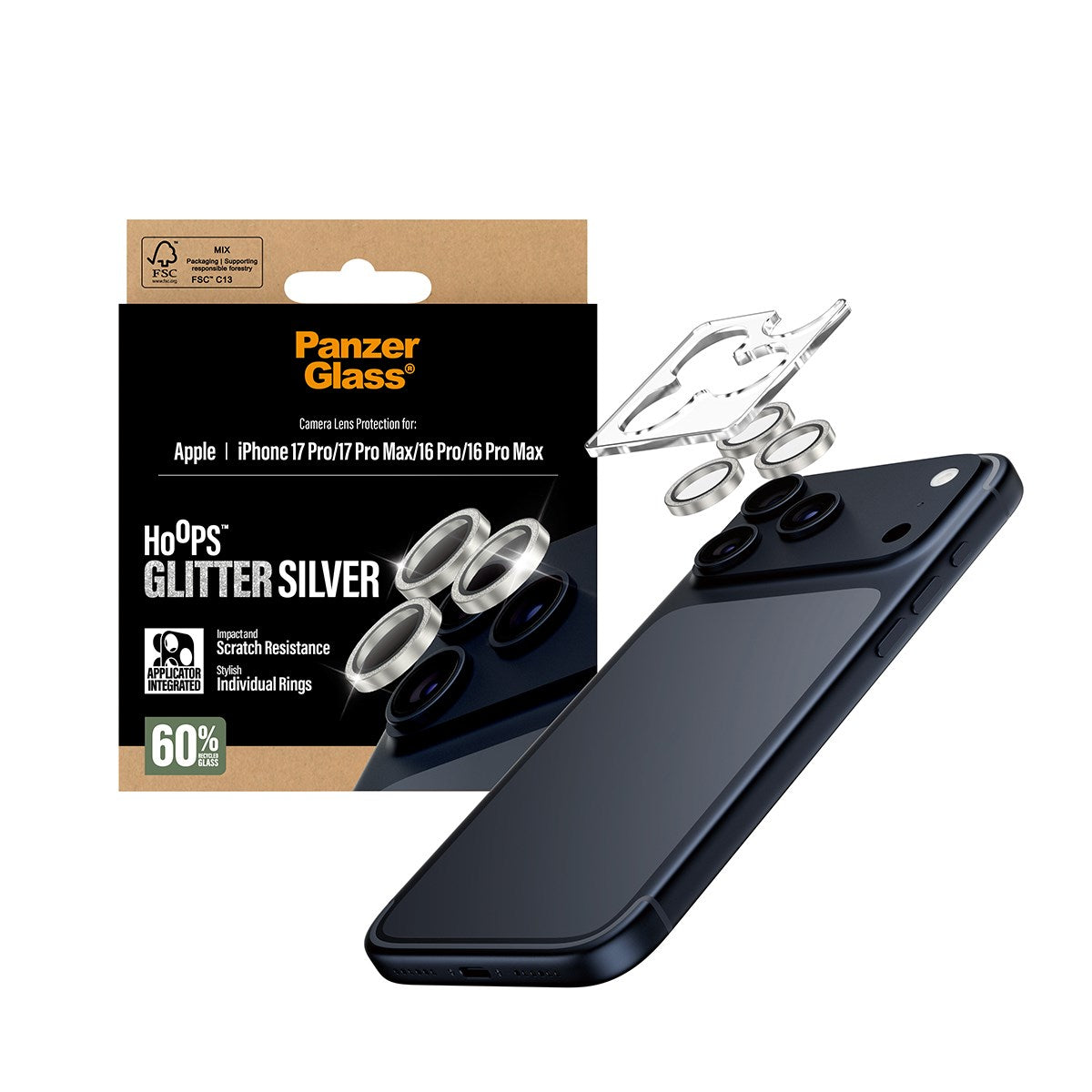 PanzerGlass® Hoops® Glitter Silver Camera Lens Protector iPhone 17 Pro | iPhone 17 Pro Max | iPhone 16 Pro | 16 Pro Max