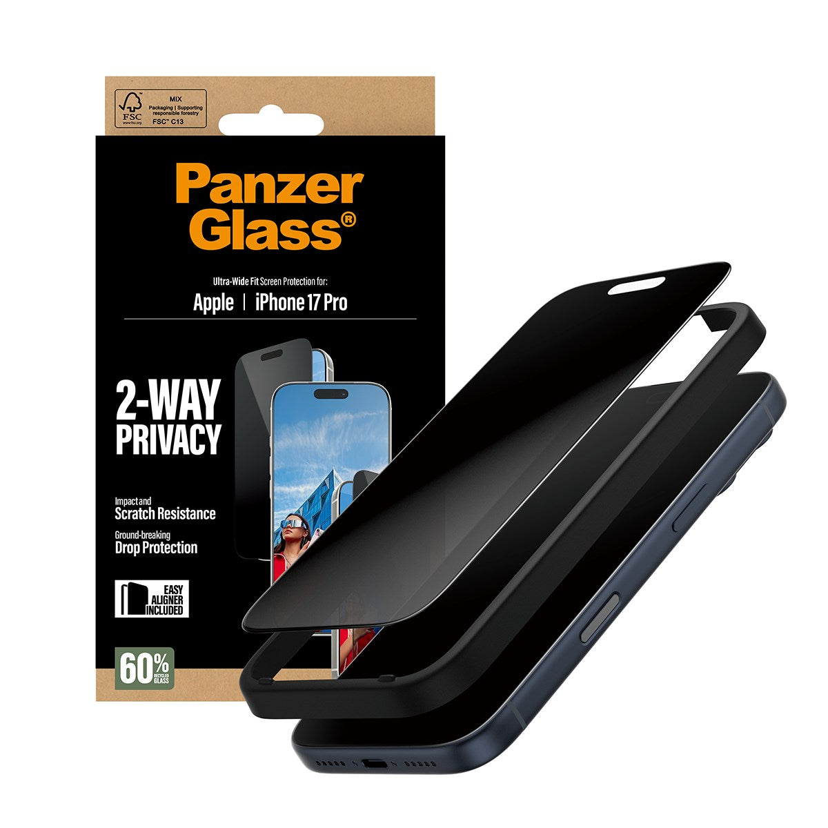 PanzerGlass® 2-Way Privacy Screen Protector iPhone 17 Pro | Ultra-Wide Fit w. EasyAligner